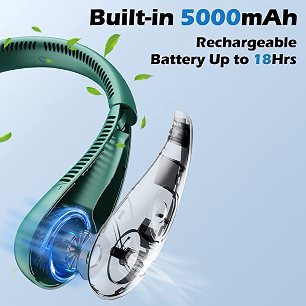 IBETTER Mini USB-Ventilator Halsventilator, Cooling, Mini Rechargeable Fan, Bladeless Ventilator, Foldable with 3 5000mAh Speeds Grün 360°