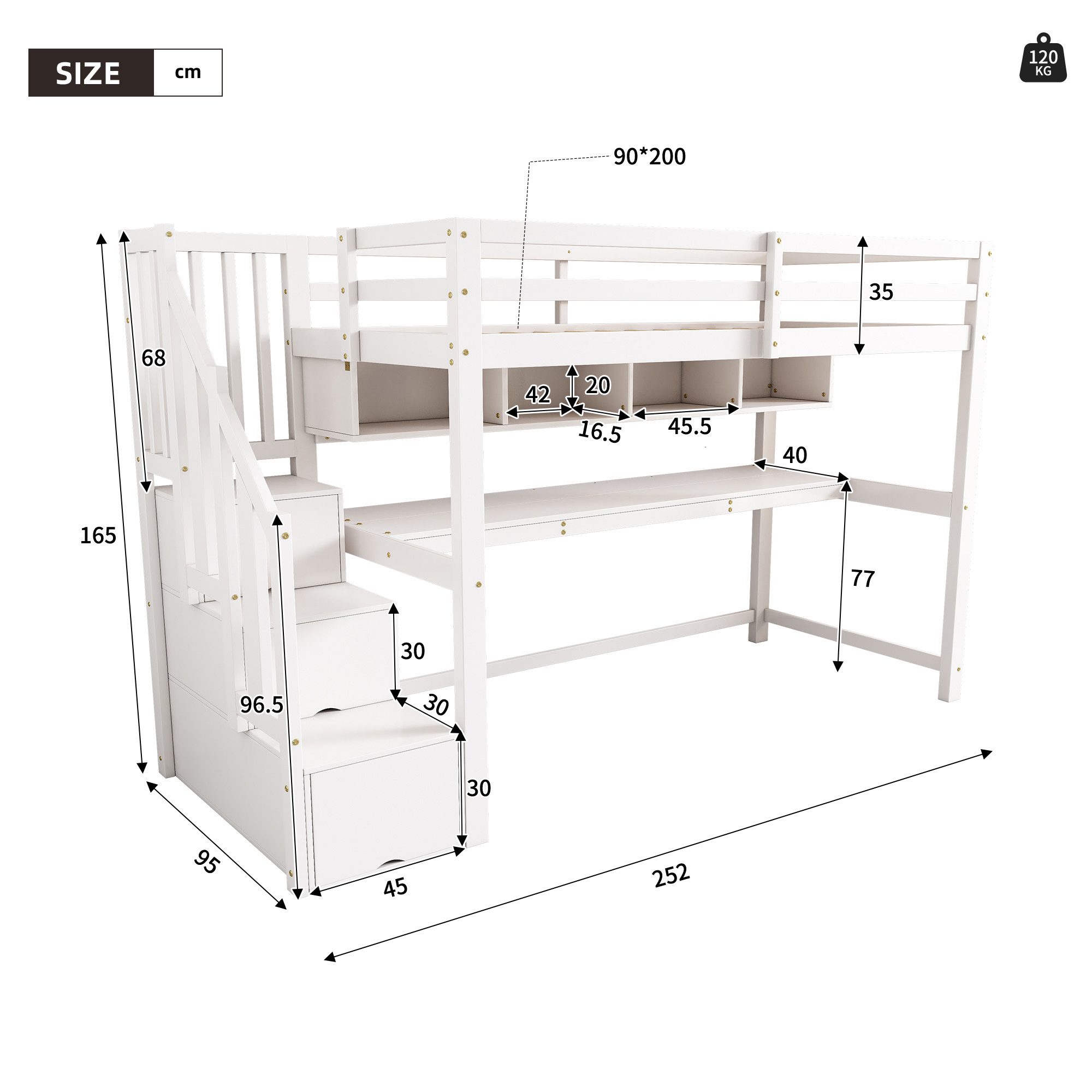 Flieks Hochbett Kinderbett mit Regale, Schreibtisch und Stauraumtreppe 90x200cm – Bild 4 von 5