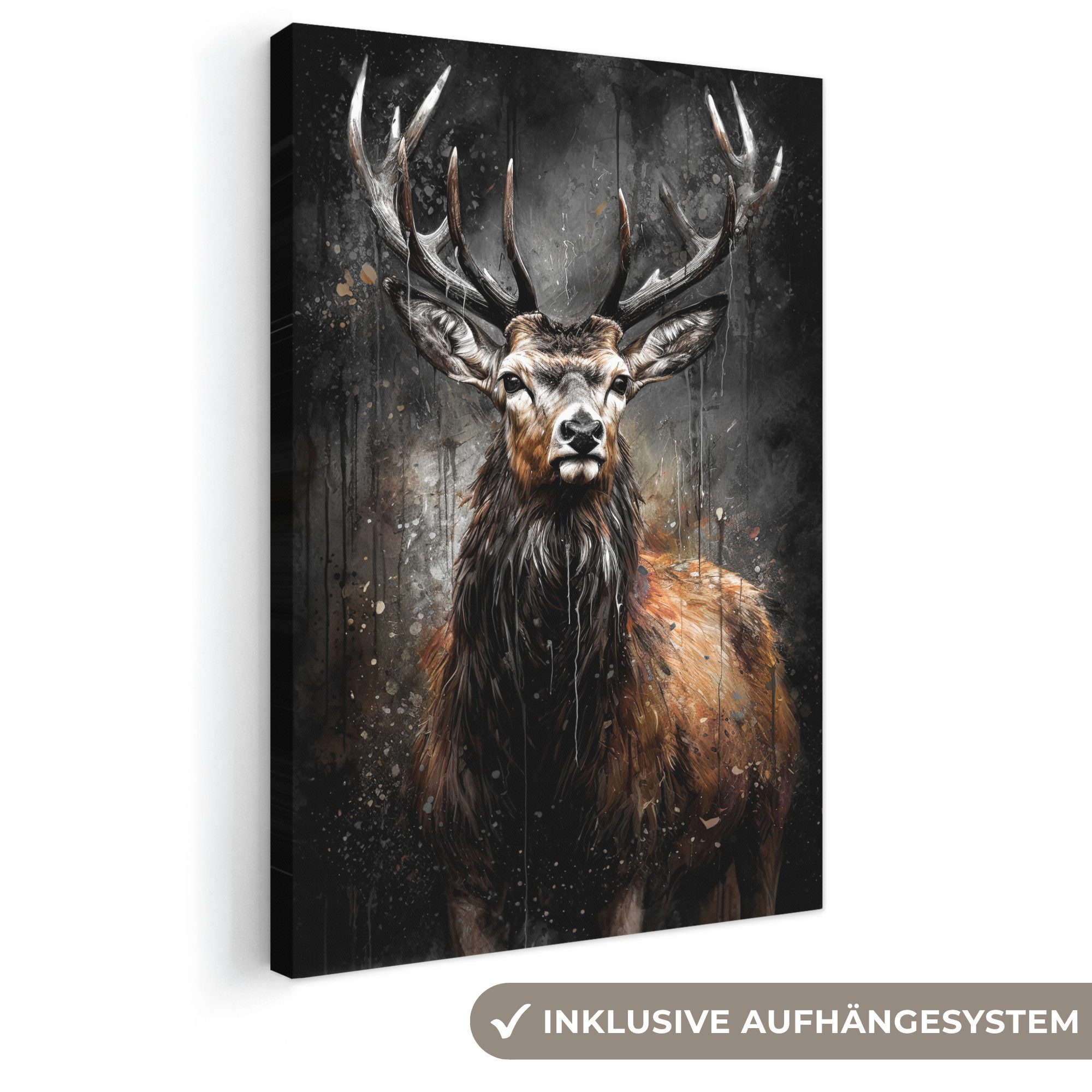 OneMillionCanvasses® Leinwandbild Hirsch - Schwarz - Tier - Hirschkopf, Fotodruck (1 St), Leinwand Canvas Wandbild, Wanddekoration 20x30 cm