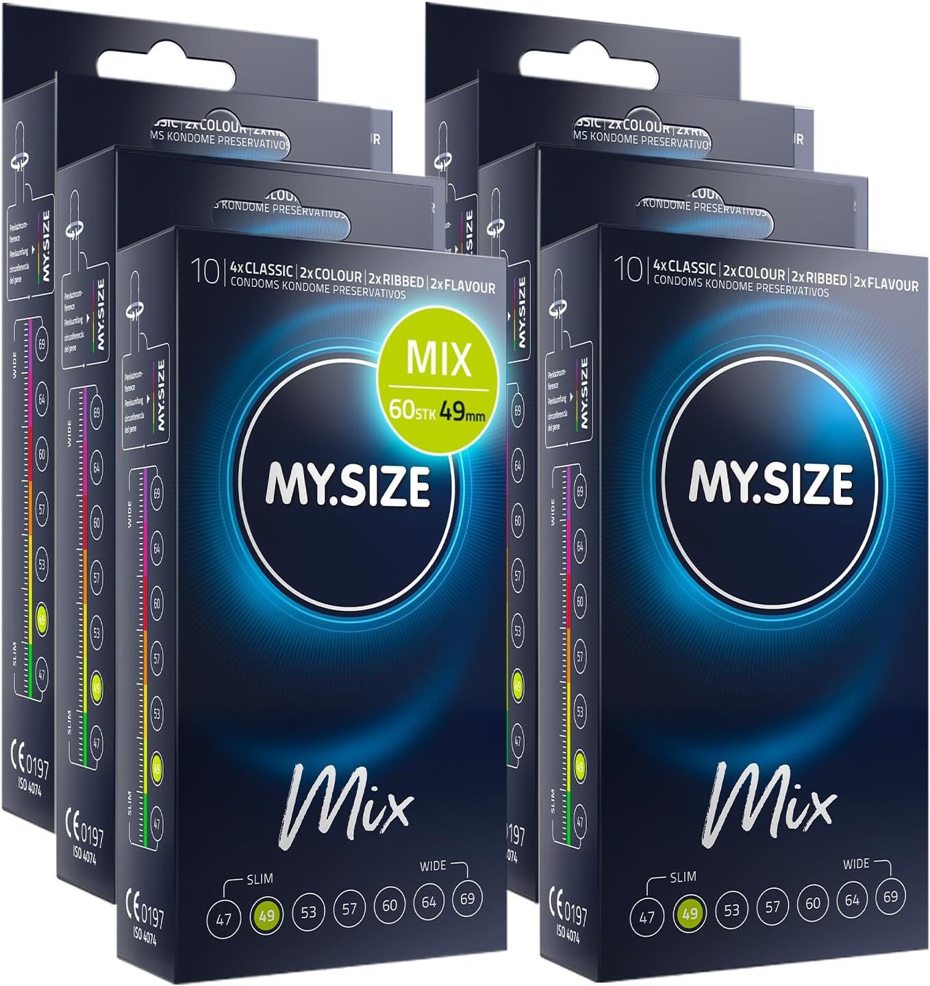 MY.SIZE Kondome Mix, gemischte Kondome in individueller Passform, blaue, rote mit Erdbeeraroma, gerippt, classic