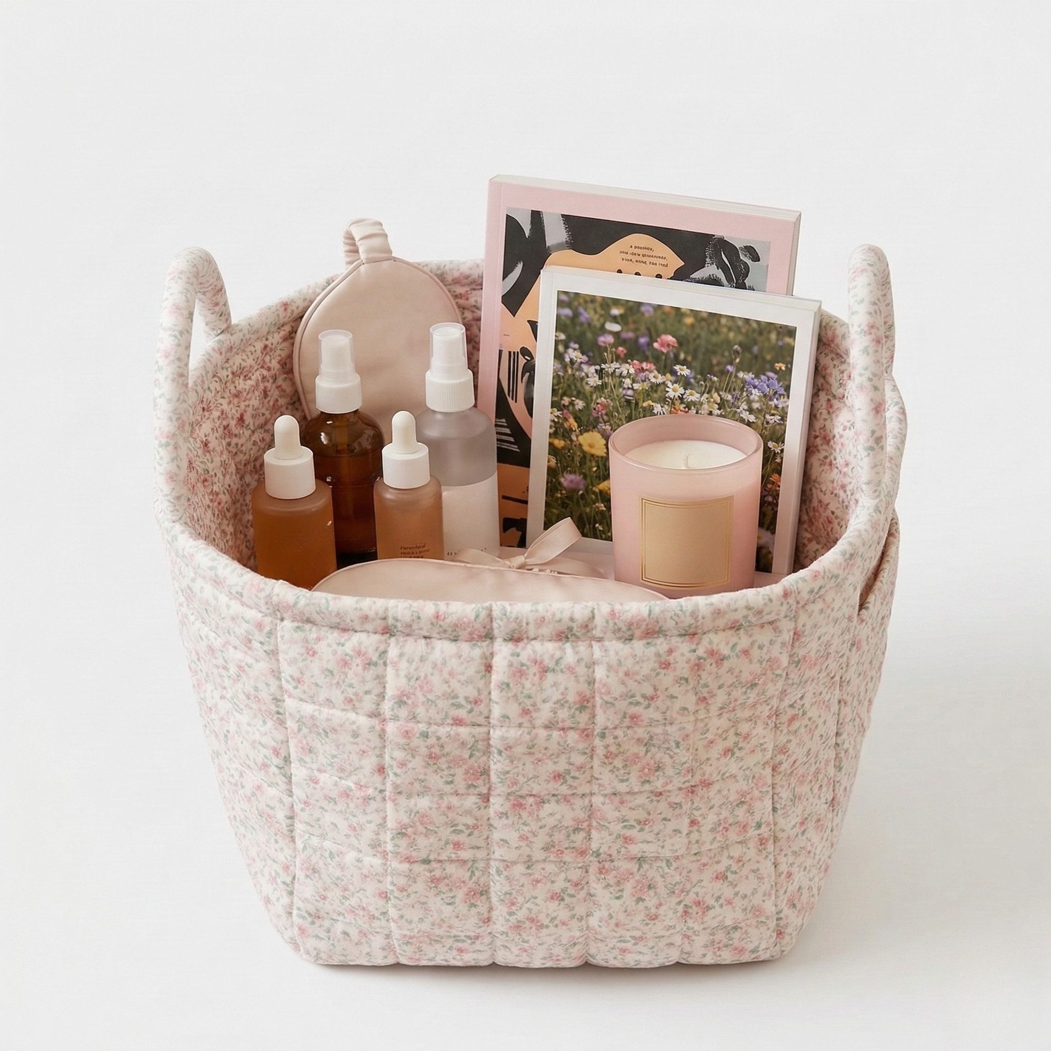 NEXORA Tragetasche Gesteppter Aufbewahrungskorb floral mit Griffen – Organizer Tasche, gesteppt, florales Muster, mit Griffen