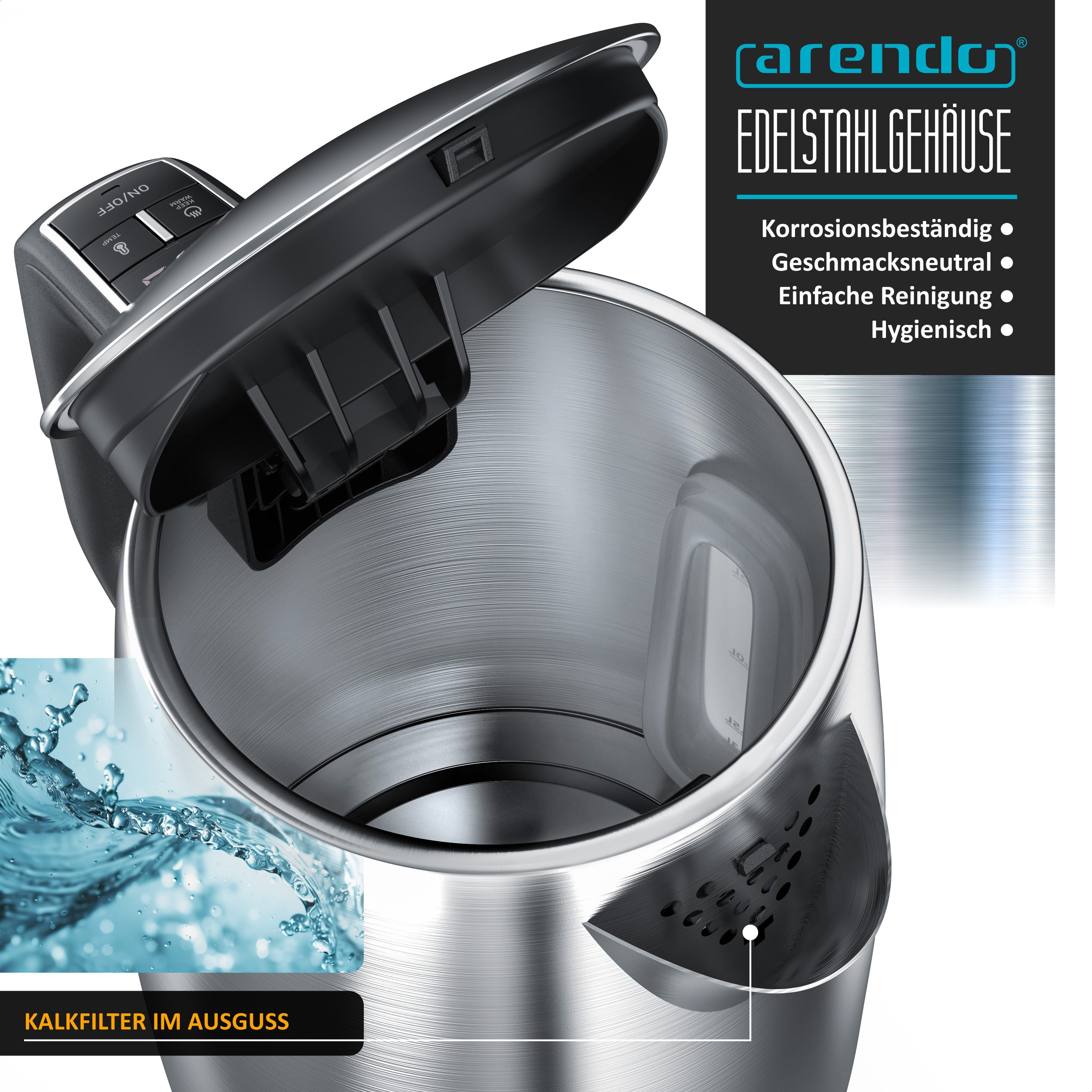 Arendo Wasserkocher Edelstahl, mit Temperatureinstellung, LED Display, Warmhaltefunktion, 1,7 l, 2200 W, Edelstahl, Temperaturwahl 35°C - 100°C, Sichtfenster für Wasserskala