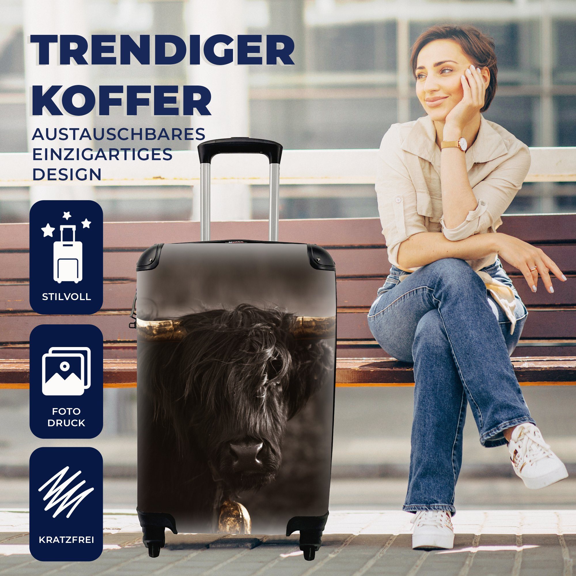 Reisetasche Reisekoffer Glocke - Highlander für Rollen, Ferien, 4 Schottischer - MuchoWow mit Gold, rollen, Handgepäck Handgepäckkoffer Trolley,