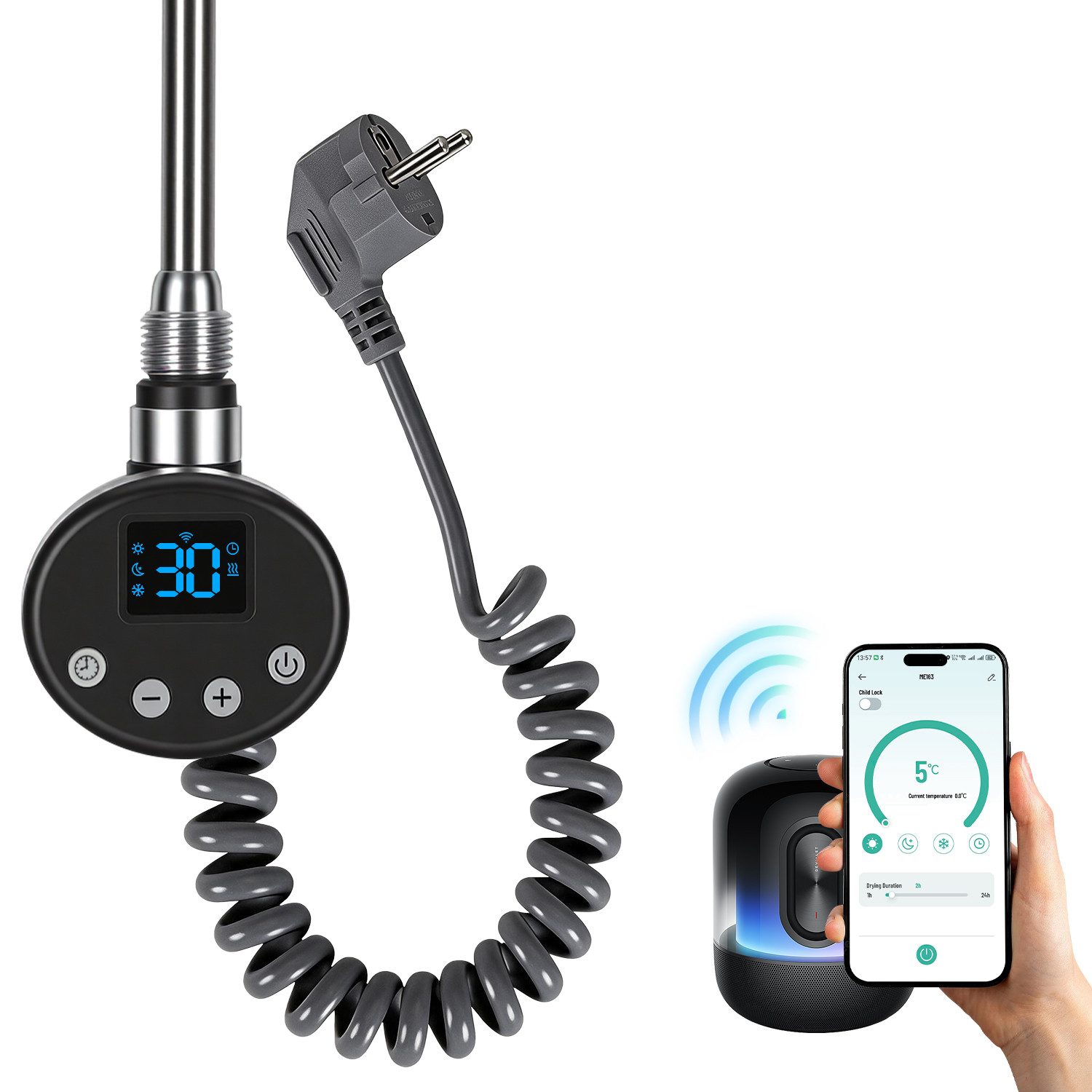 Clanmacy Heizstab Elektro Heizstab 300-1200W WLAN Thermostat App Timer Anthrazit