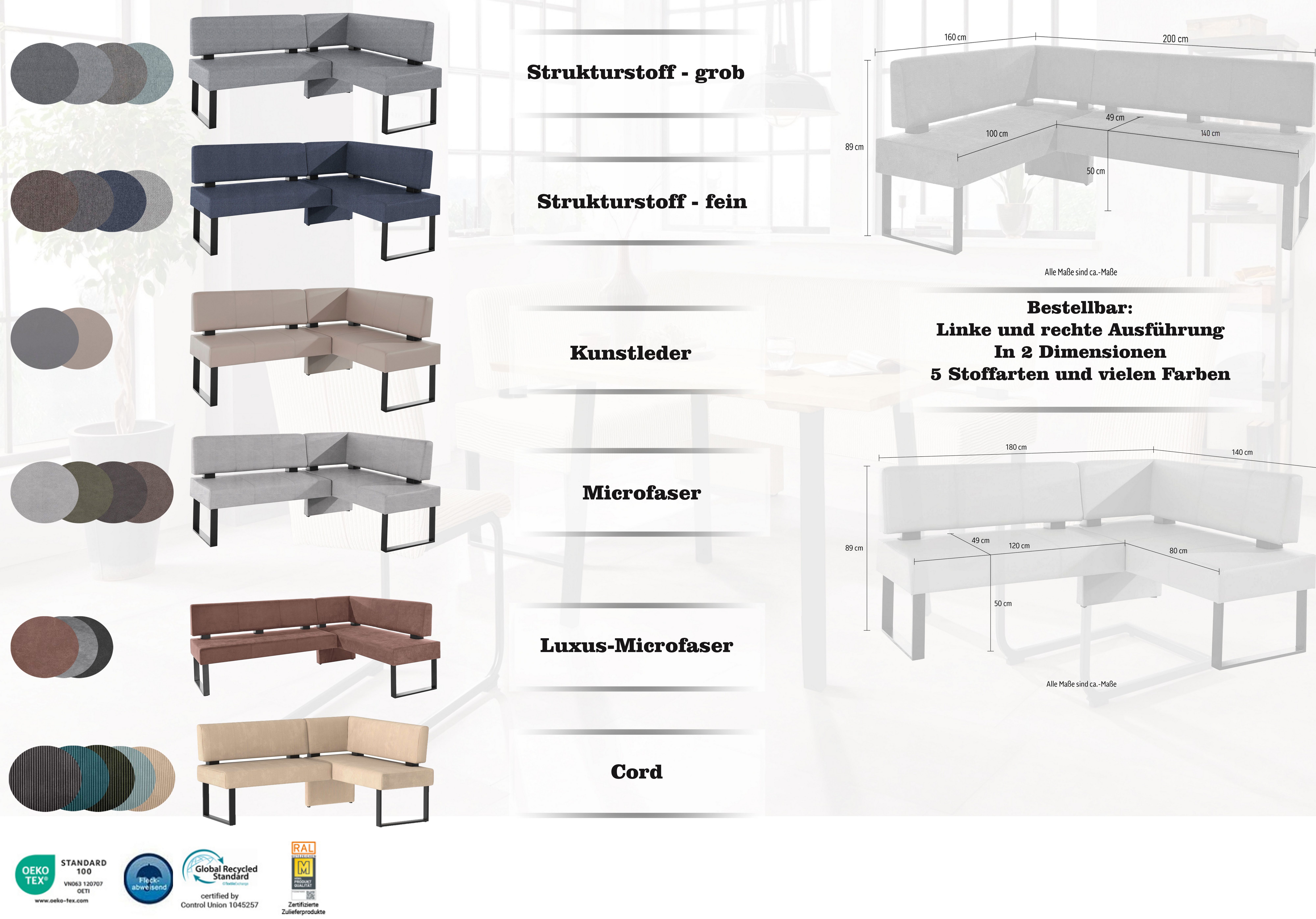 OTTO home Eckbank Oliver mit Metallgestell, Küchenbank, verschiedene Bezüge Cord Esszimmerbank OTTOs Choice – Bild 3 von 5
