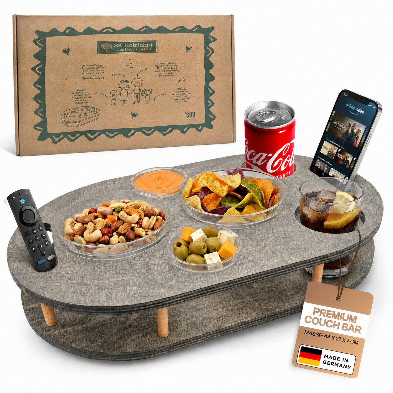 PEGSEN Servierplatte Couchbar Snackbox mit 4 Snackschalen Couch Tablett, Birkenholz, (Set, 5-tlg., 4x Glasschalen), Getränke & Snacks stehen stabil