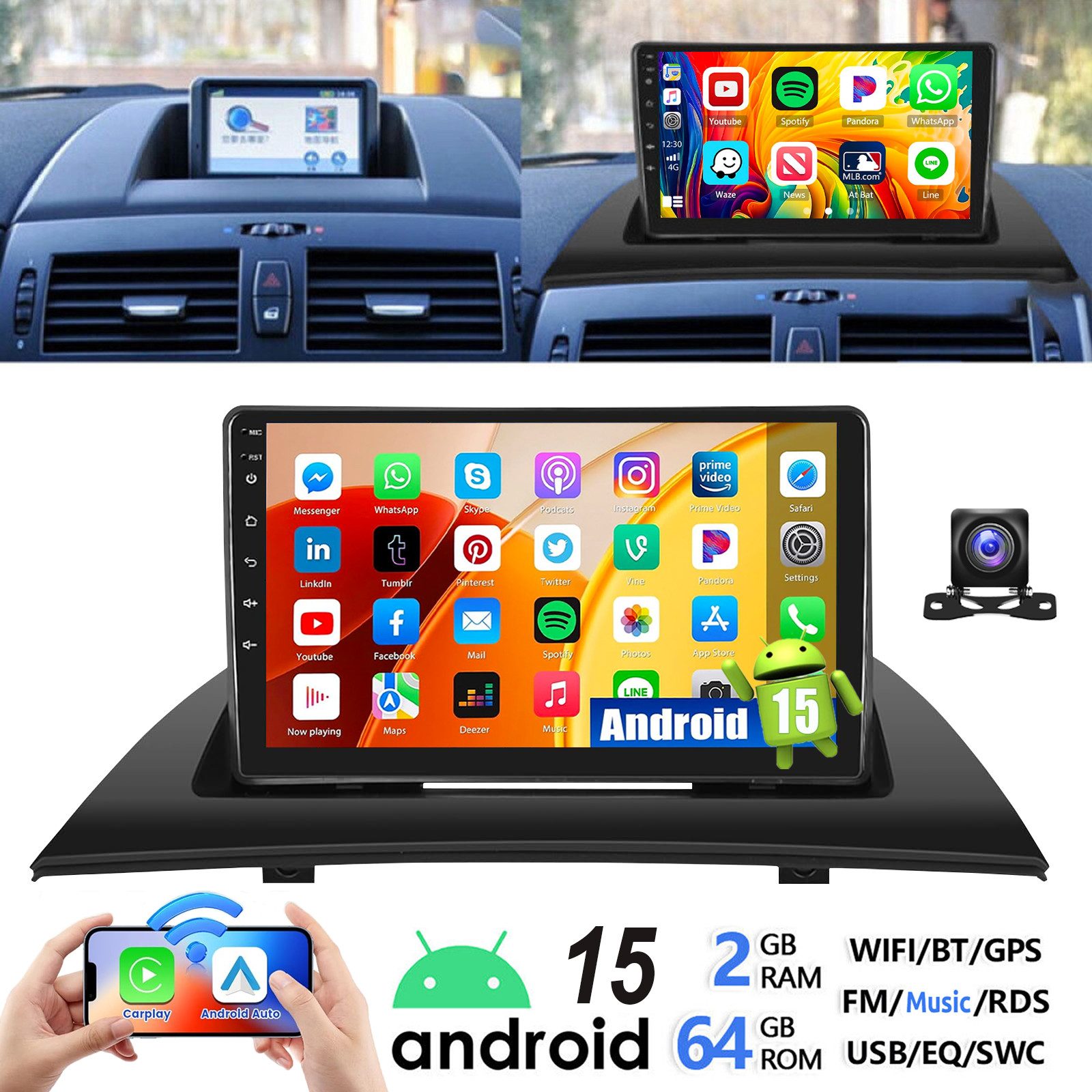 ESSGOO DAB+ Für BMW X3 E83 2004-2012 Android 15 Mit Carplay GPS Navi WIFI RDS Autoradio (RDS, 4+64GB(optional), FM, DAB+ (optional), SWC, Carplay Android Auto Bluetooth EQ USB GPS Navi WIFI Touchscreen)