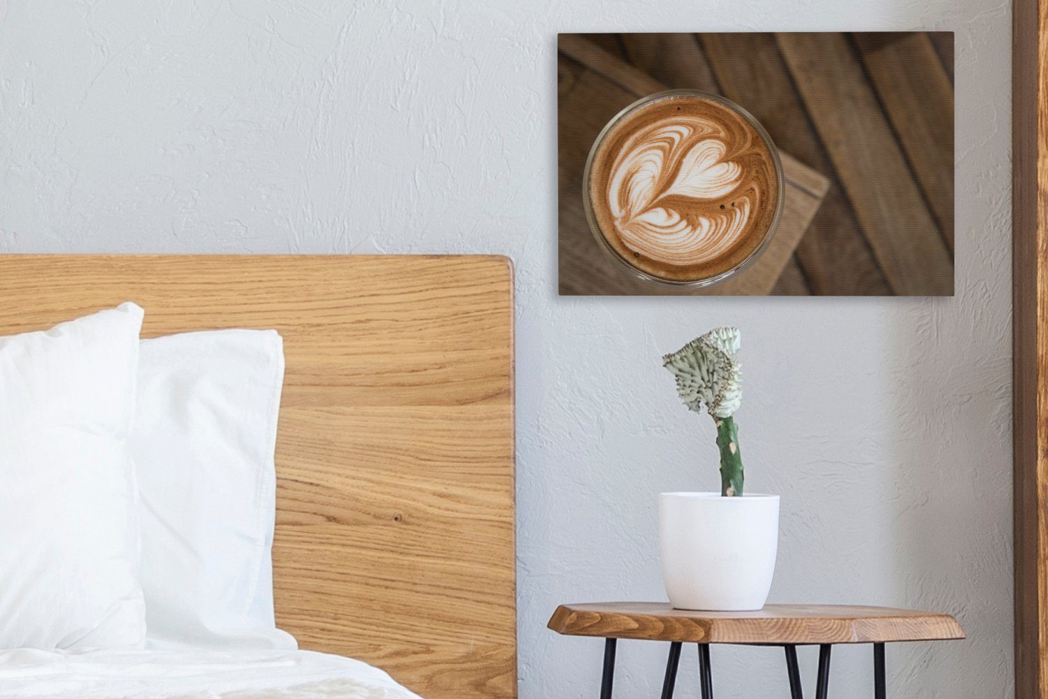 Wandbild in Leinwandbilder, OneMillionCanvasses® 30x20 Wanddeko, Leinwandbild Kunst Aufhängefertig, St), herzförmigen einer Espresso, (1 Blume cm