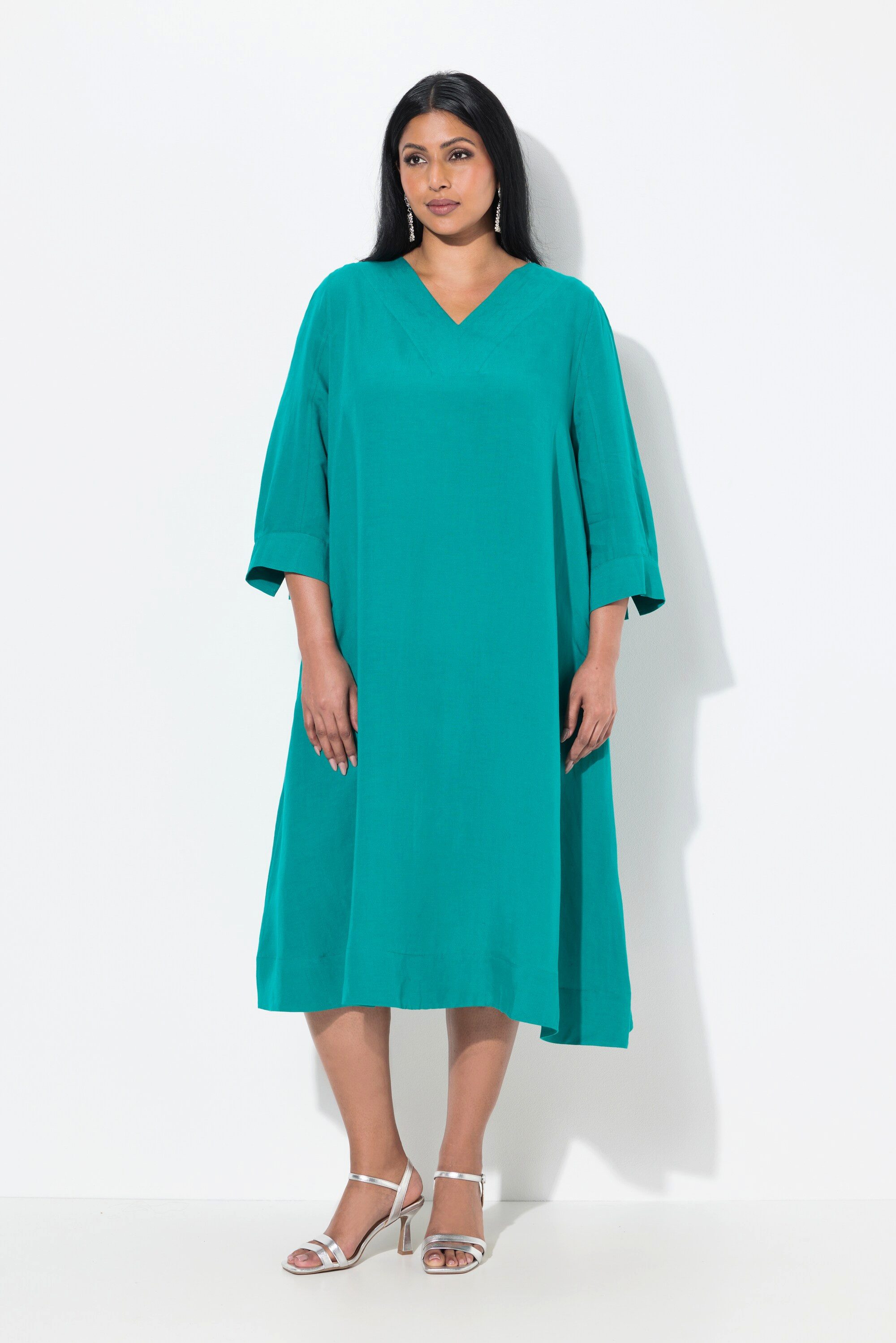 Ulla Popken Midikleid Leinenmix-Midikleid A-Linie V-Ausschnitt günstig online kaufen