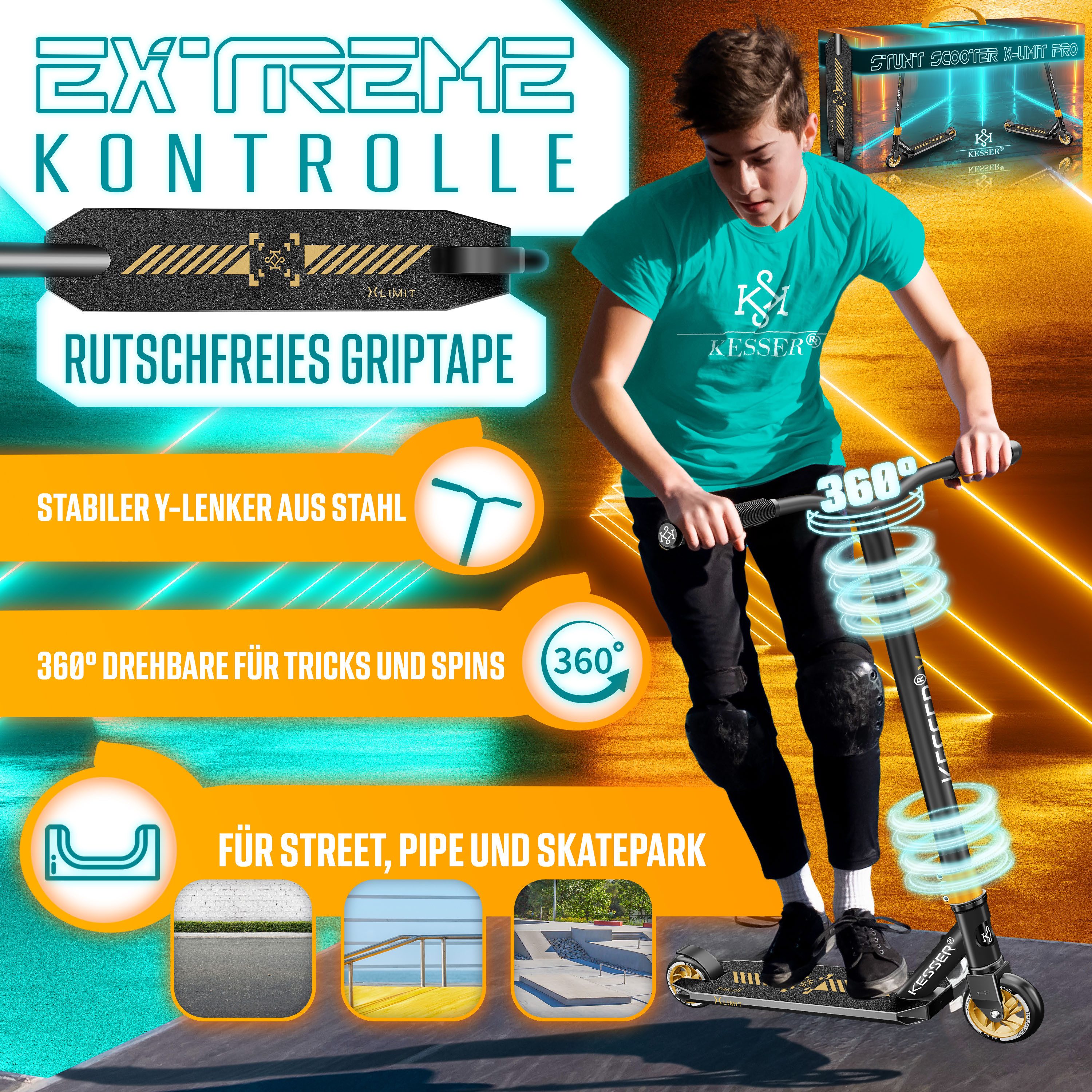 KESSER Scooter, Stunt Scooter X-Limit-Pro 360° Lenkung Funscooter Stuntscooter