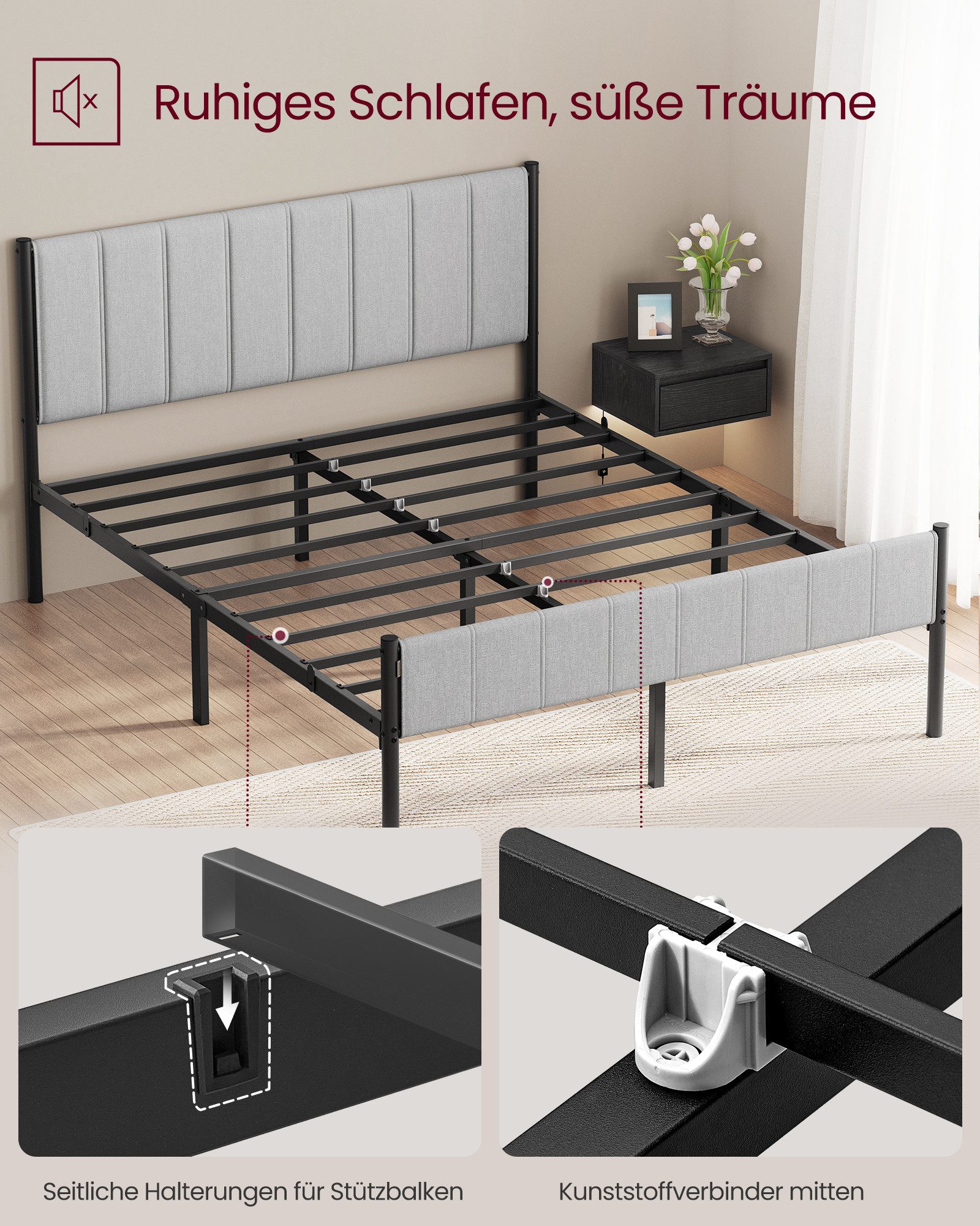 VASAGLE Polsterbett Einzelbettgestell Bettrahmen (160 x 200 cm, geräuschlos), 160 x 200 cm, einfache Montage, mit gepolstertem Kopfteil, Bettgestell – Bild 5 von 5