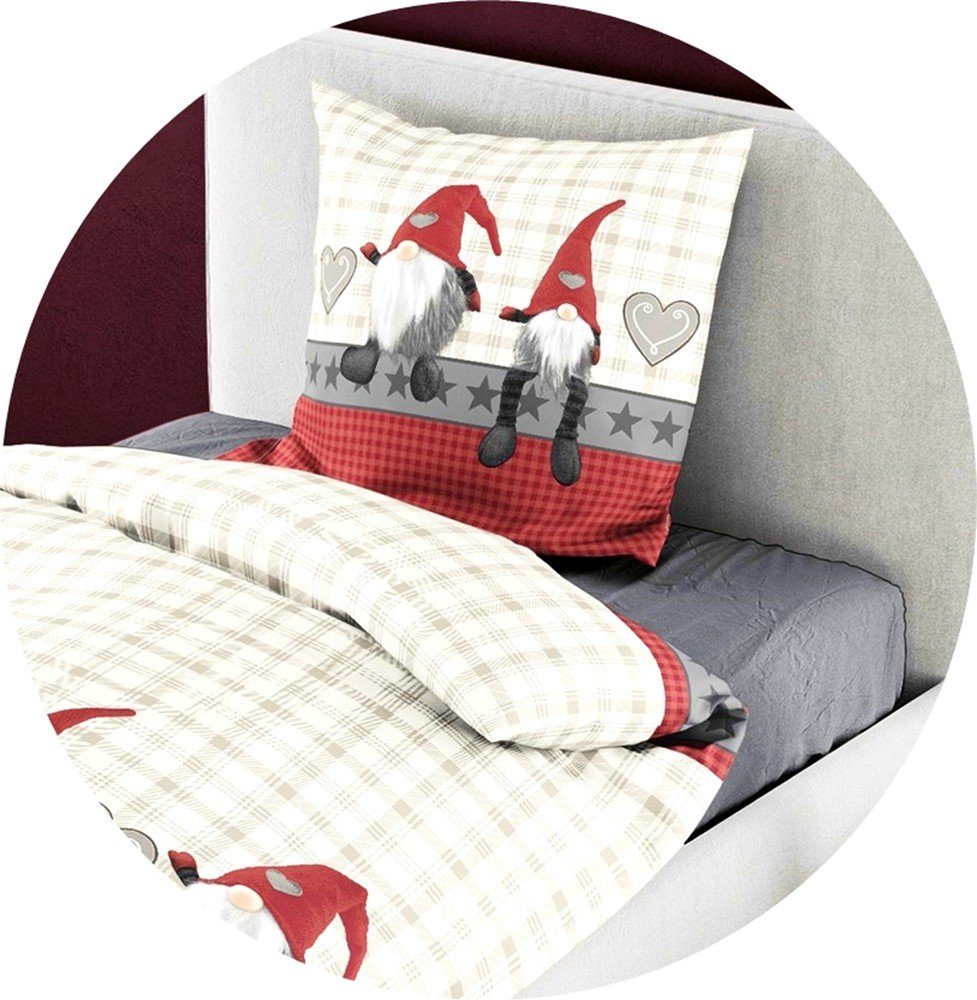 BIERBAUM Bettwäsche 135x200cm Wichtel + Herzen Rot Sand Grau, Biber, 2 teil günstig online kaufen