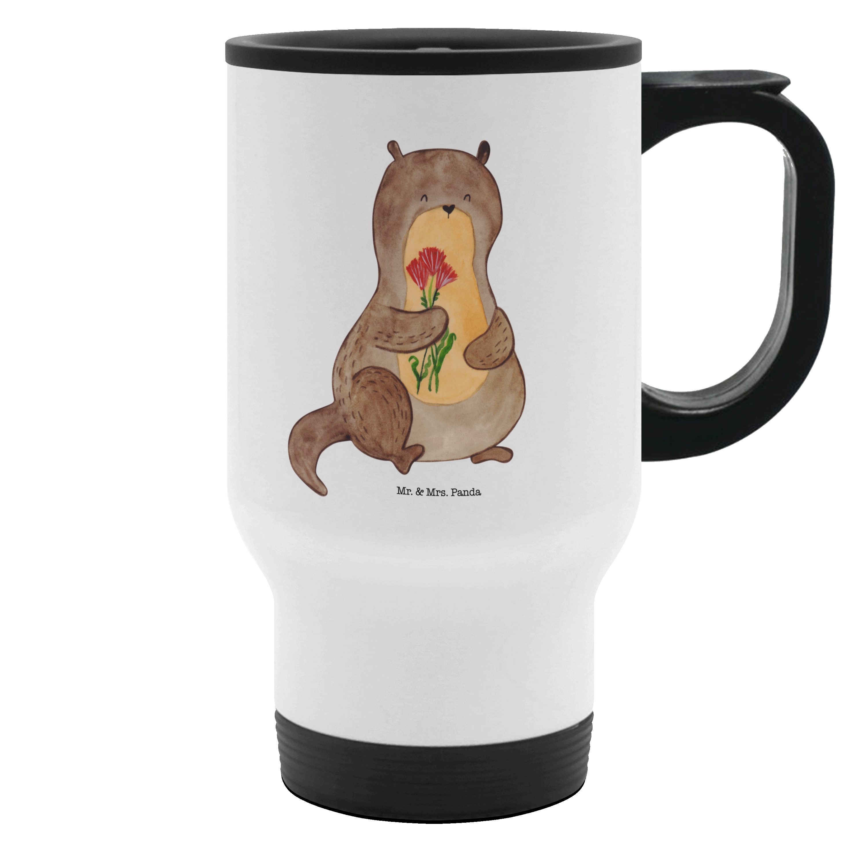 Mr. & Mrs. Panda Thermobecher Otter Blumenstrauß, thermosbecher, Weiß, Seeotter See, Thermobecher, Edelstahl, Autobecher Geschenk Süß