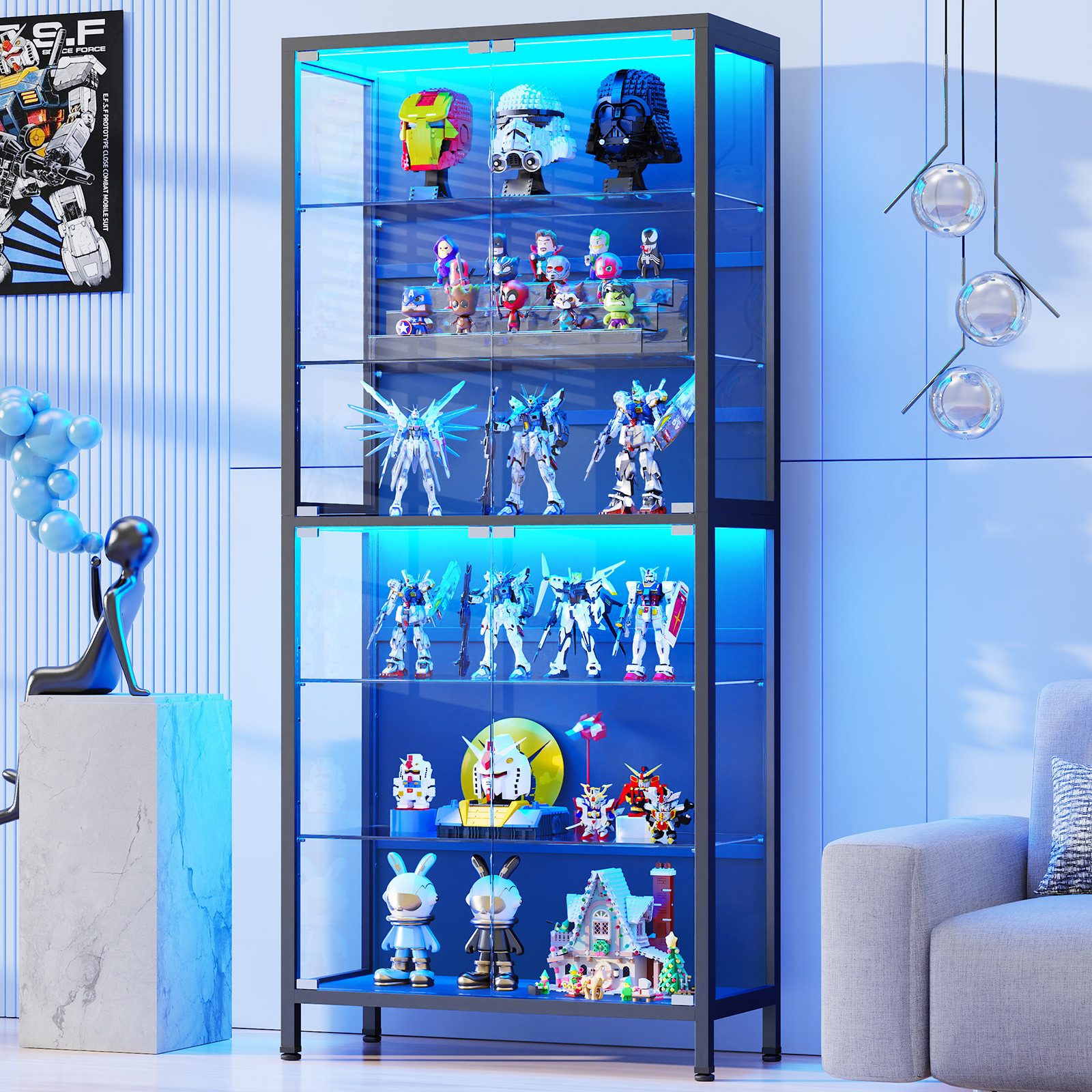BROTTAR Glasvitrine mit 6 Ebenen, LED-Beleuchtung, verstellbaren Glasböden (1-St) 75×35×181cm, schwarz