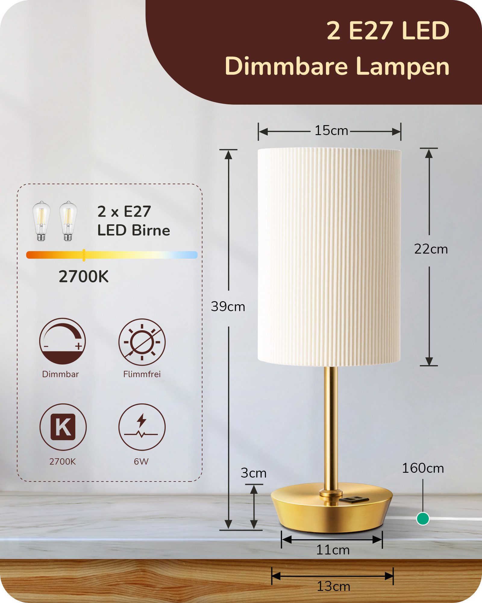 EDISHINE LED Nachttischlampe 2er-Set Tischleuchten mit USB, Dekolampen, LED wechselbar, warmweiß, Touch Dimmbar, kleine Tischlampe mit Ladefunktion – Bild 4 von 5