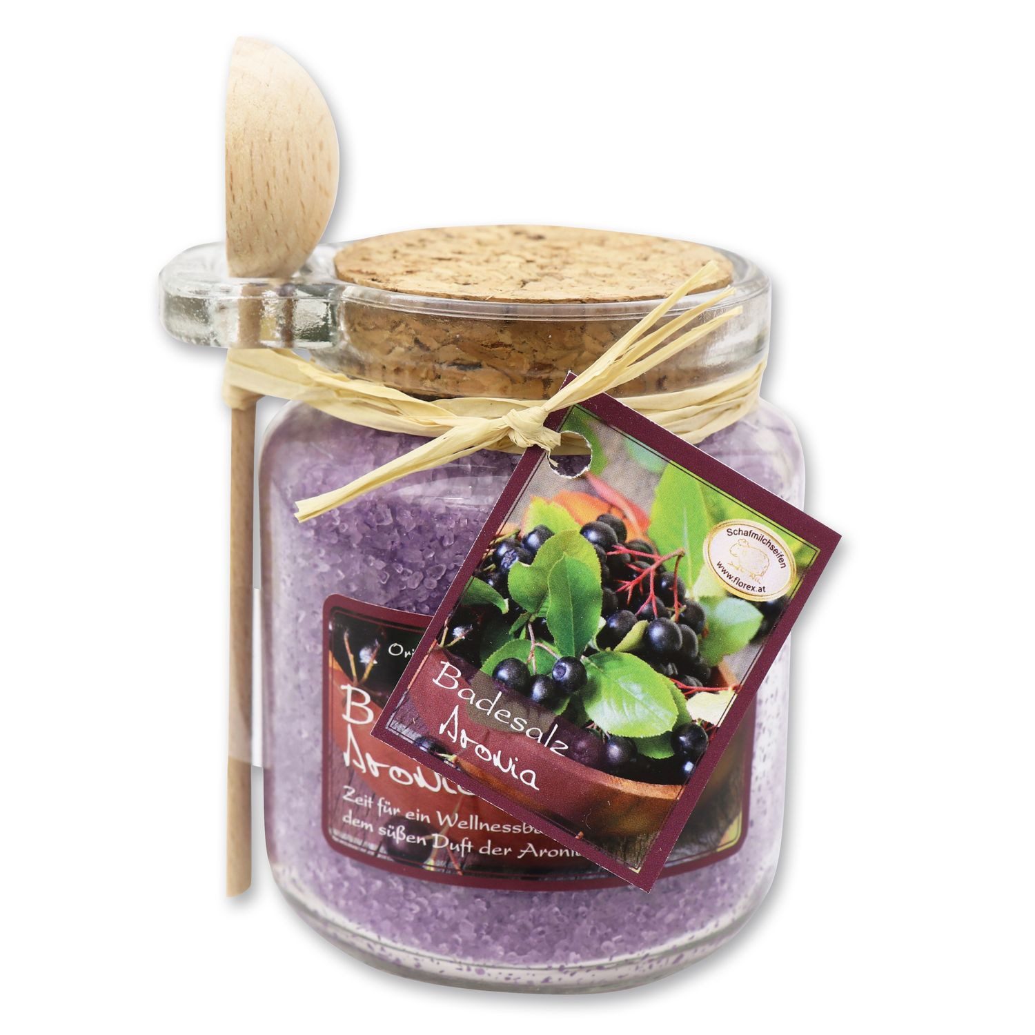 Gerlinde Hofer _ Florex GmbH Badezusatz B1420AR Aronia, Badesalz mit Bio Schafmilch im Glas mit Holzlöffel 300 g
