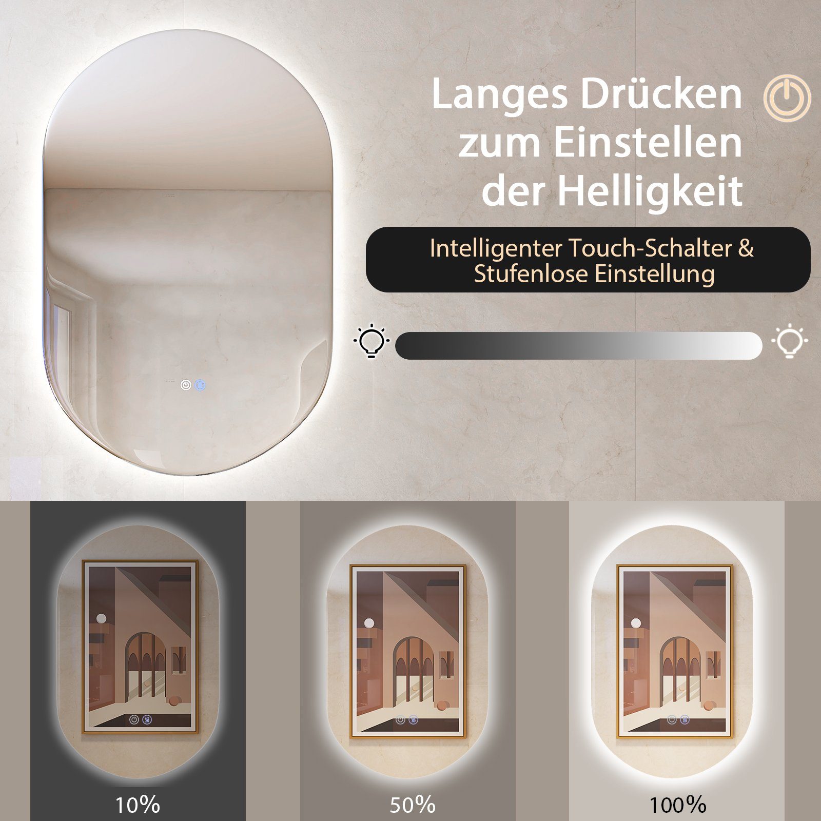 COSTWAY LED-Lichtspiegel Badspiegel, 80x50cm Oval, Touch Funktion