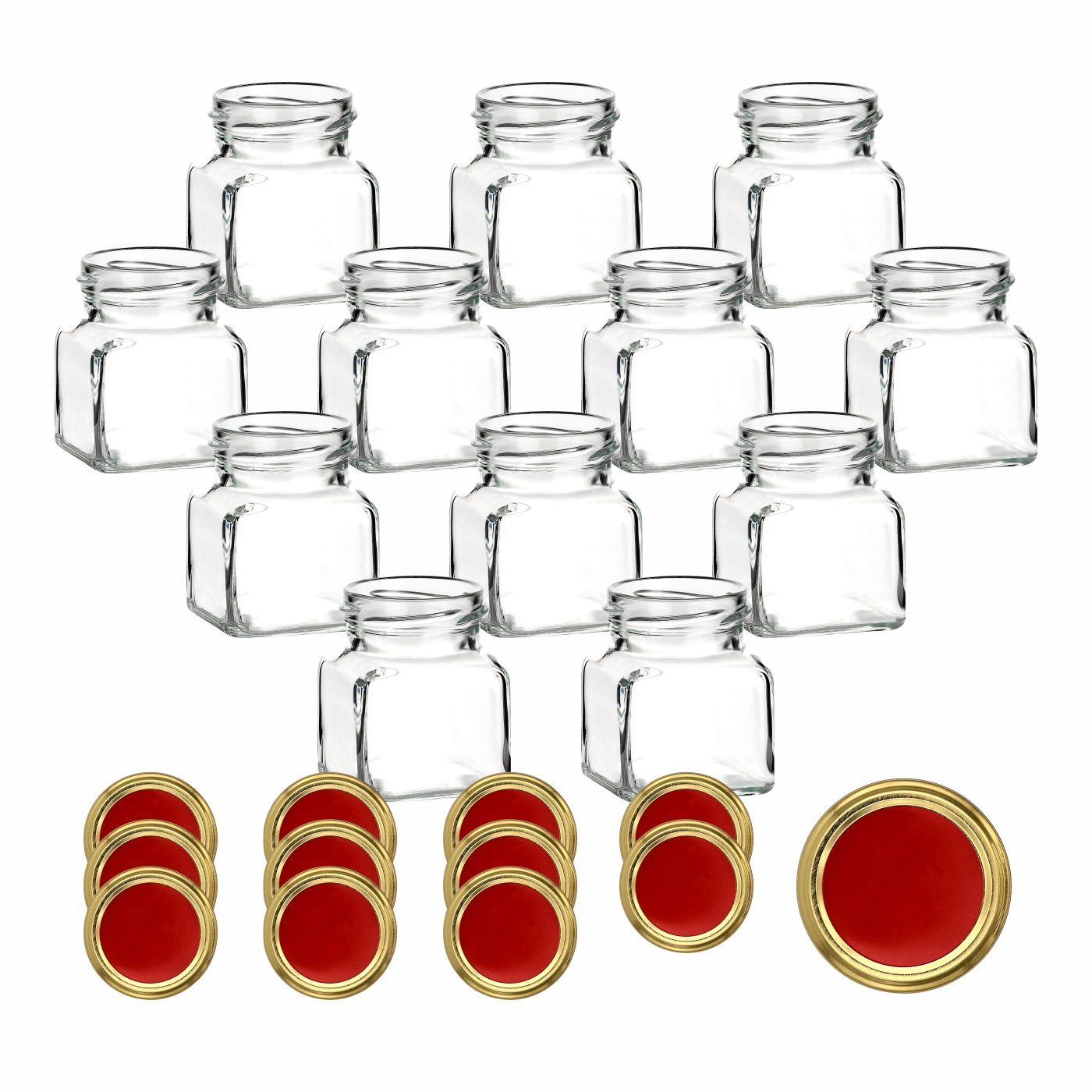 gouveo Vorratsglas Einmachgläser 120 ml eckig mit Schraub-Deckel - Kleine Vorratsgläser, (12-tlg), Rot-Gold