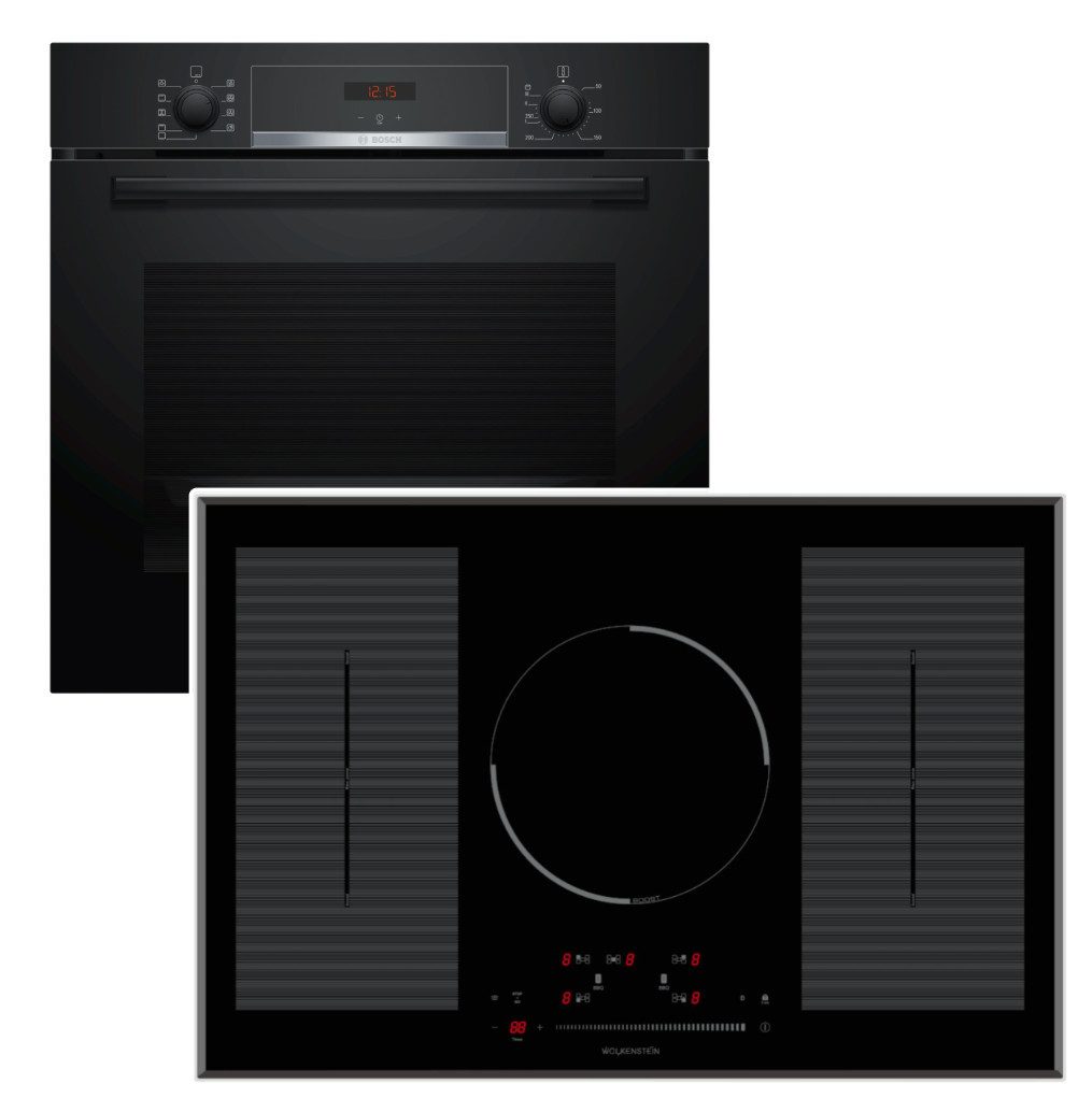 BOSCH Backofen-Set Backofen BOSCH Hydrolyse EcoClean+ Wolkenstein Induktionskochfeld 77cm, mit 1-fach Teilauszug, Hydrolyse EcoClean Direct