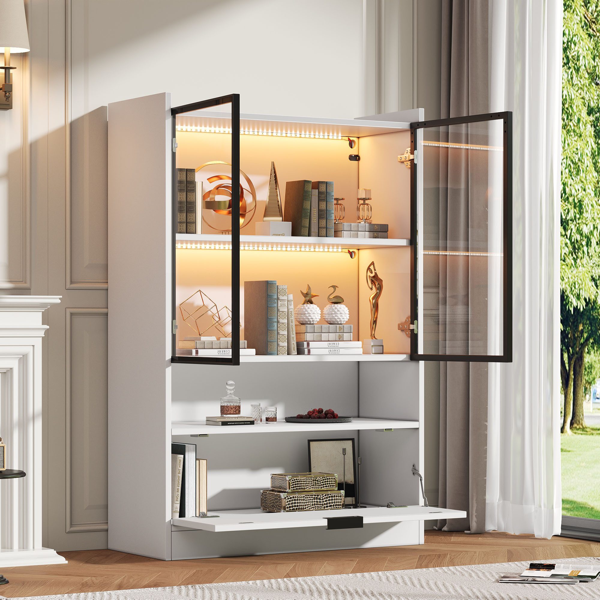 STILVORA Vitrine Highboard mit LED Aufbewahrungsschrank Glasvitrine Standvitrine (LED-Vitrine mit Glastüren, Spanplatte, 120×80×35 cm, mattweiß, 16-farbige LED-Beleuchtung, Sicherheitsglas, Klapptür modern) für Wohnzimmer, Esszimmer, Sammlungen und Dekorationsartikel