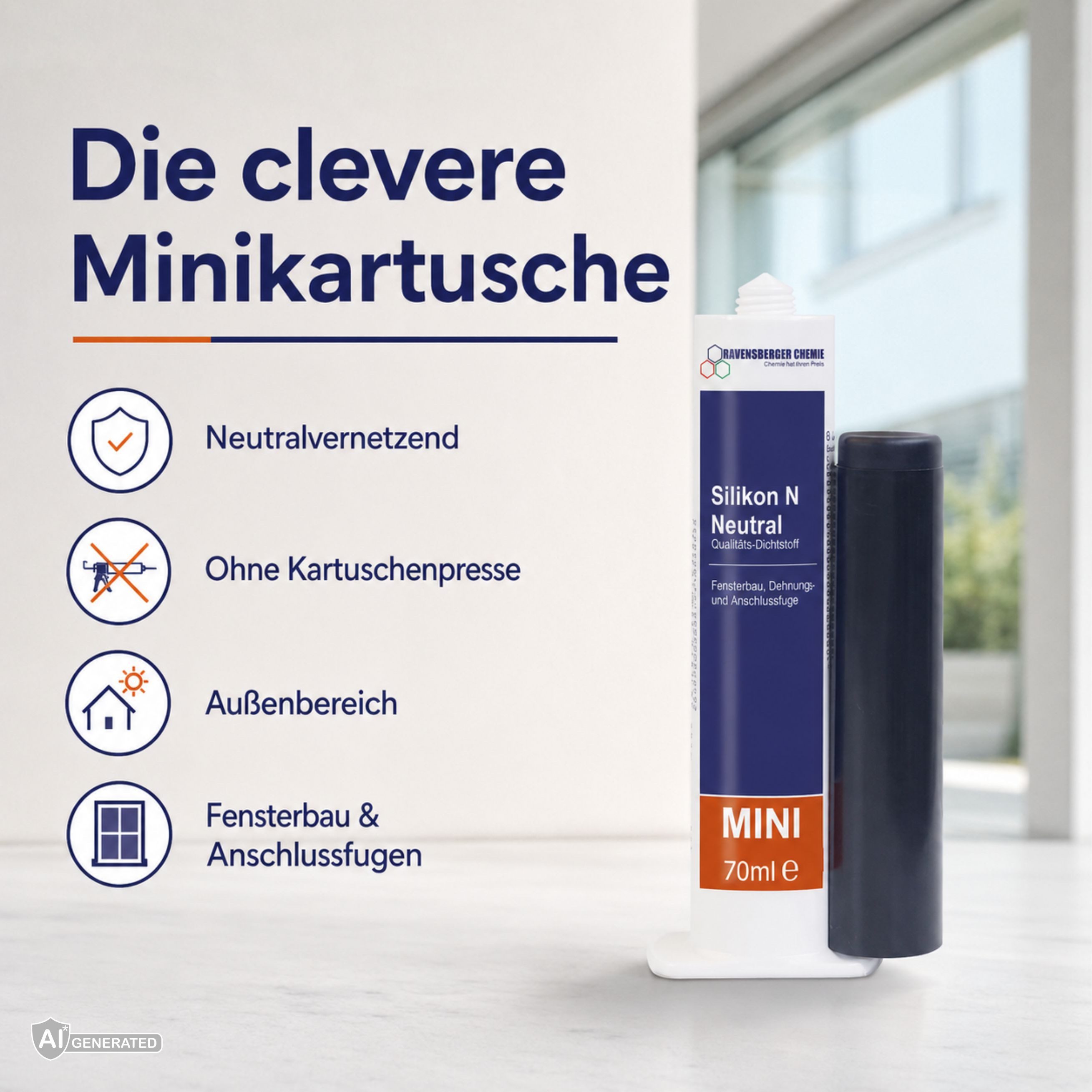 Ravensberger Chemie Silikon N - 70 ml Minikartusche - neutralvernetzend, Transparenter Dichtstoff, für Fenster, Fassaden & Anschlussfugen, wetterfest – Bild 5 von 5