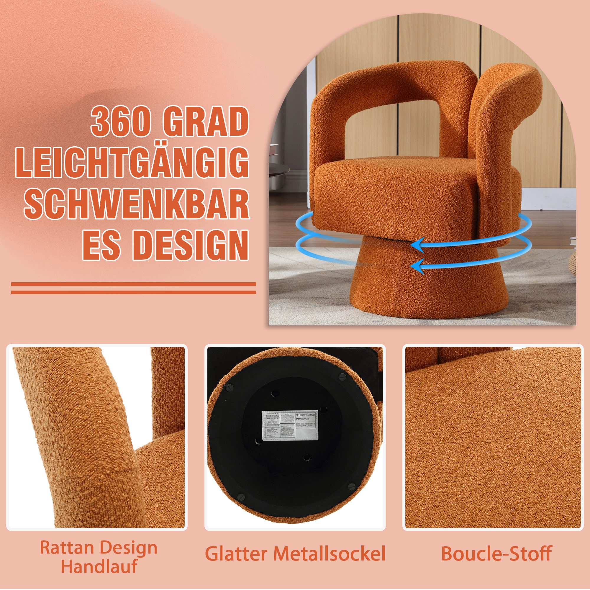 OKWISH Drehstuhl Loungesessel Polsterstuhl (360° drehbarer Relaxsessel, runder Akzentstuhl mit breiter Polsterung, flauschiger Stoffbezug, bequemer Drehsessel), flauschiger Stoffbezug, bequemer Drehsessel