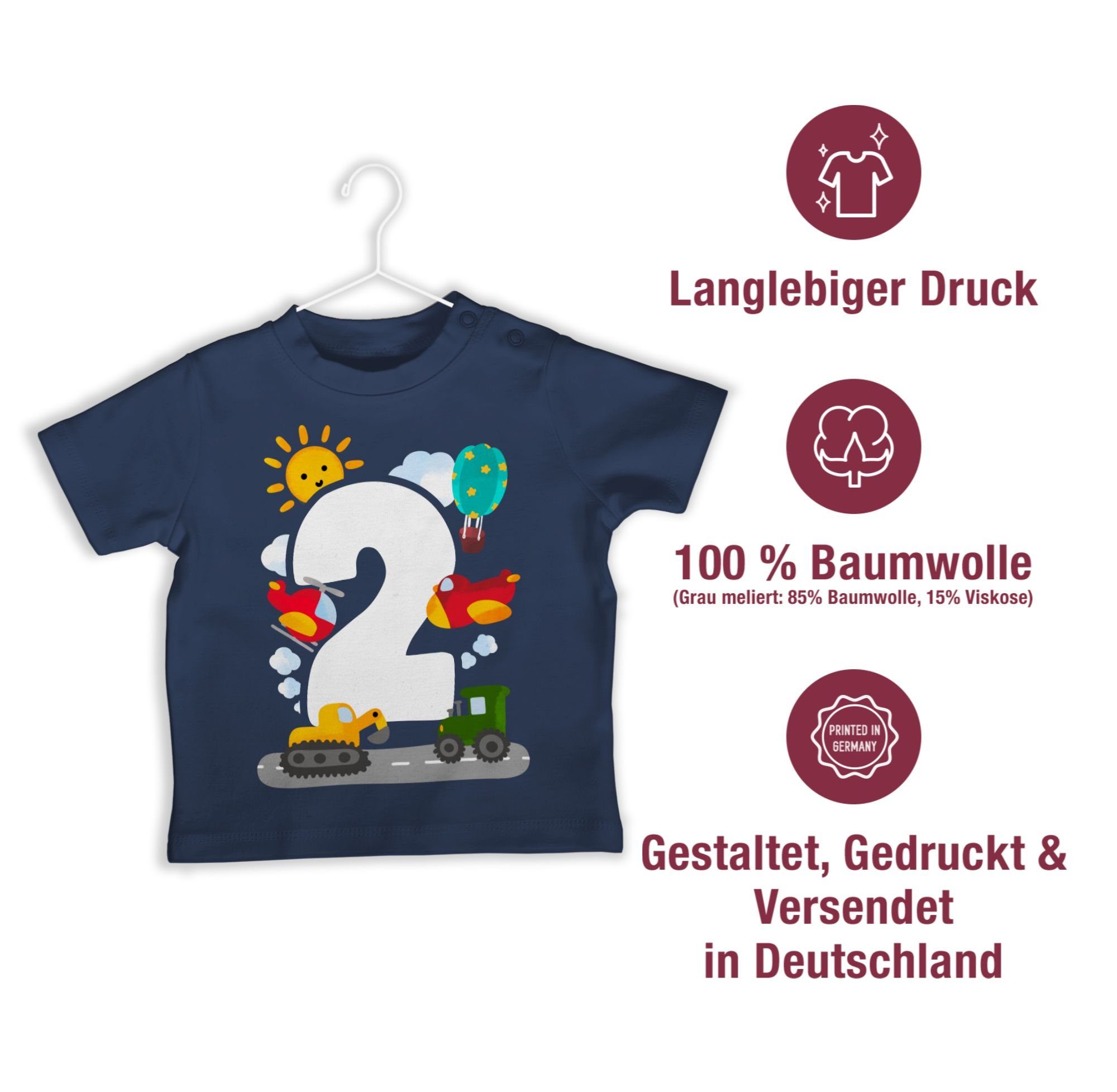 Shirtracer T-Shirt Zwei - Aquarell Fahrzeuge 2. Geburtstag