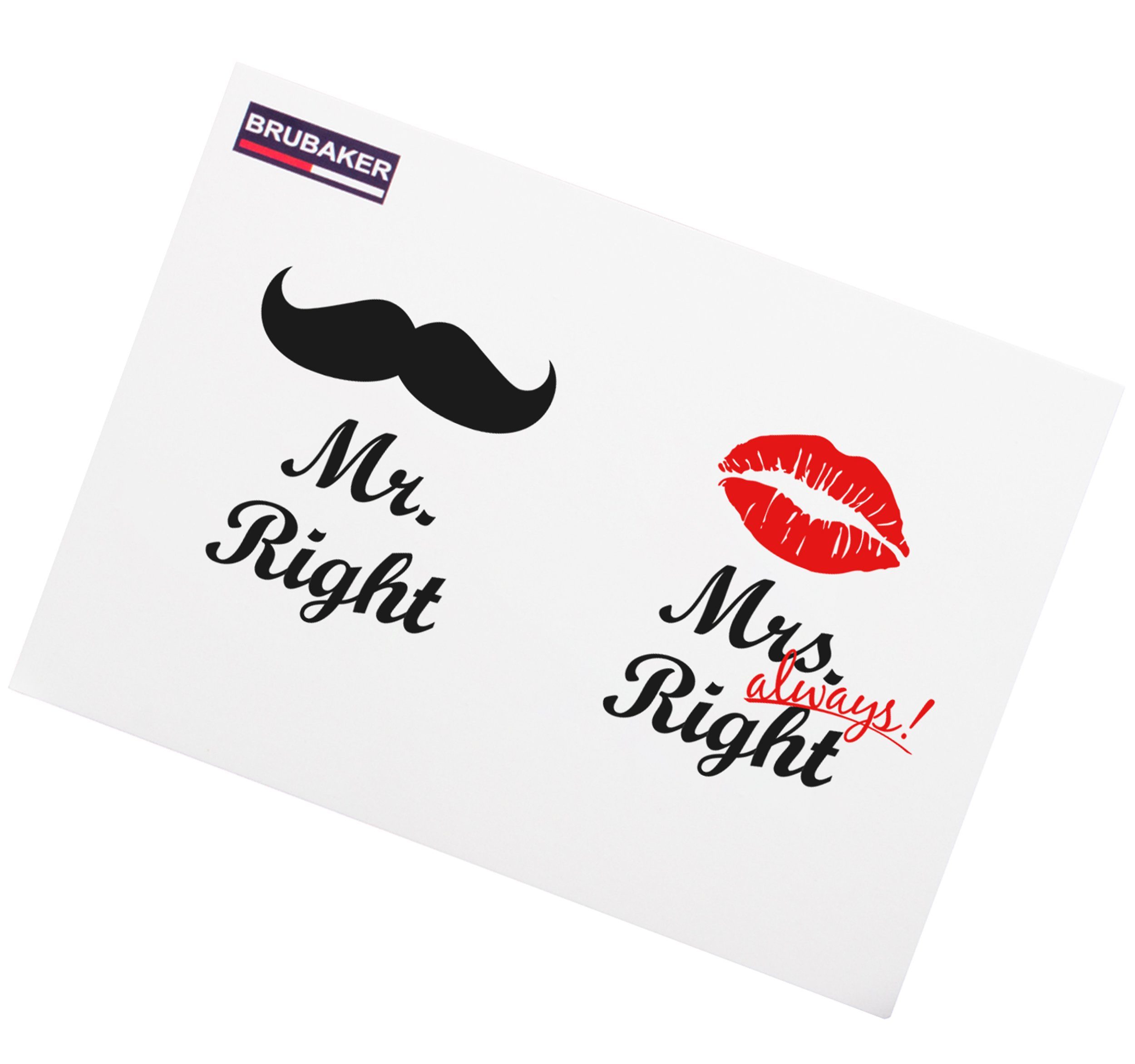 BRUBAKER Tasse 2er-Set Kaffeetassen Mr. Right & Mrs. Always Right, 4-tlg., Keramik, Kaffeebecher in Geschenkpackung mit Grußkarte, Becher Tassen für Paare