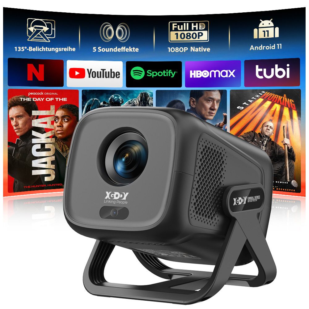 XGODY [1080P Native & Autofokus & 2026 Modell & Integrierte Apps] Mini Portabler Projektor (20000 lm, 15000:1, 3840 x2160 px, 150-Zoll-Display, Smart Tragbarer Projektor)