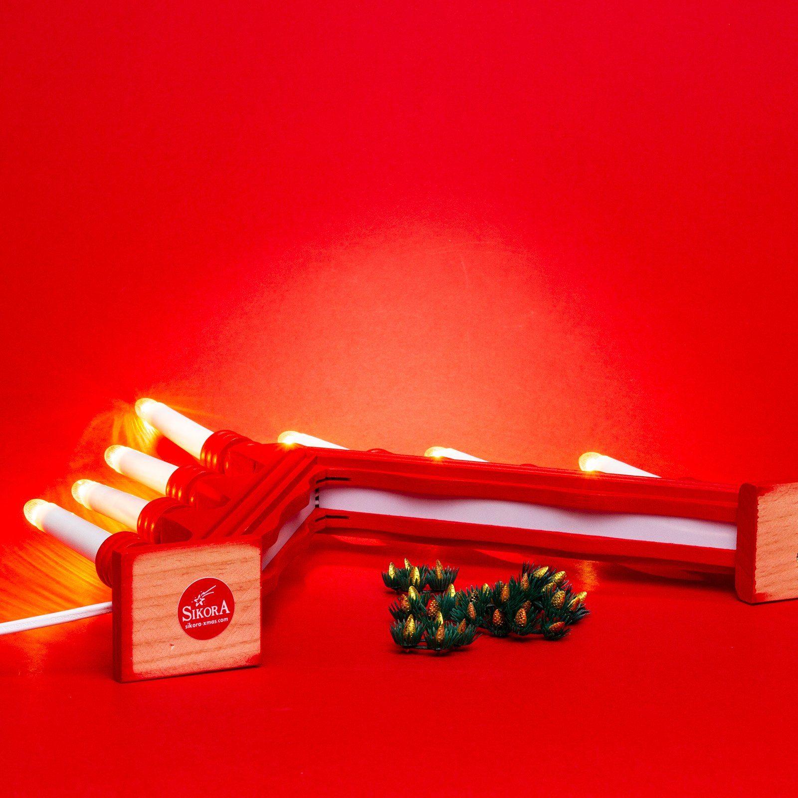 Premium LB49 7 elektrischen B:42,5cm Schwibbogen Kerzen mit SIKORA Schwedenleuchter rot