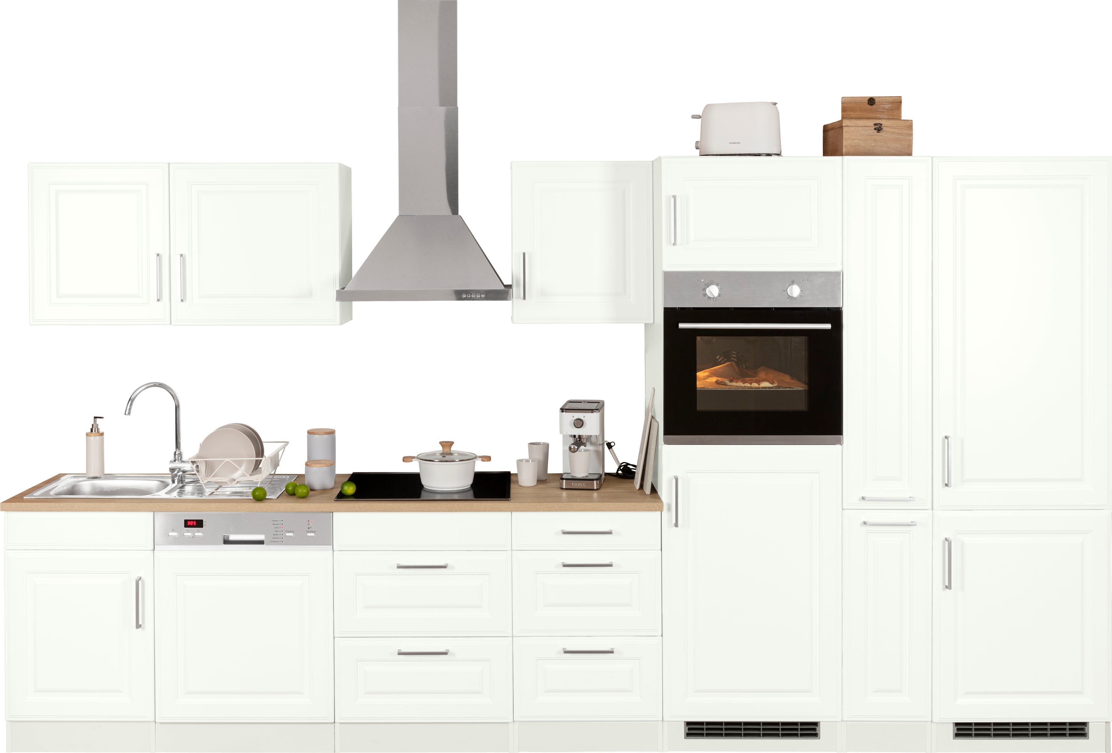 HELD MÖBEL Küchenzeile Stockholm, Breite 370 cm, mit hochwertigen MDF Fronten im Landhaus-Stil weiß