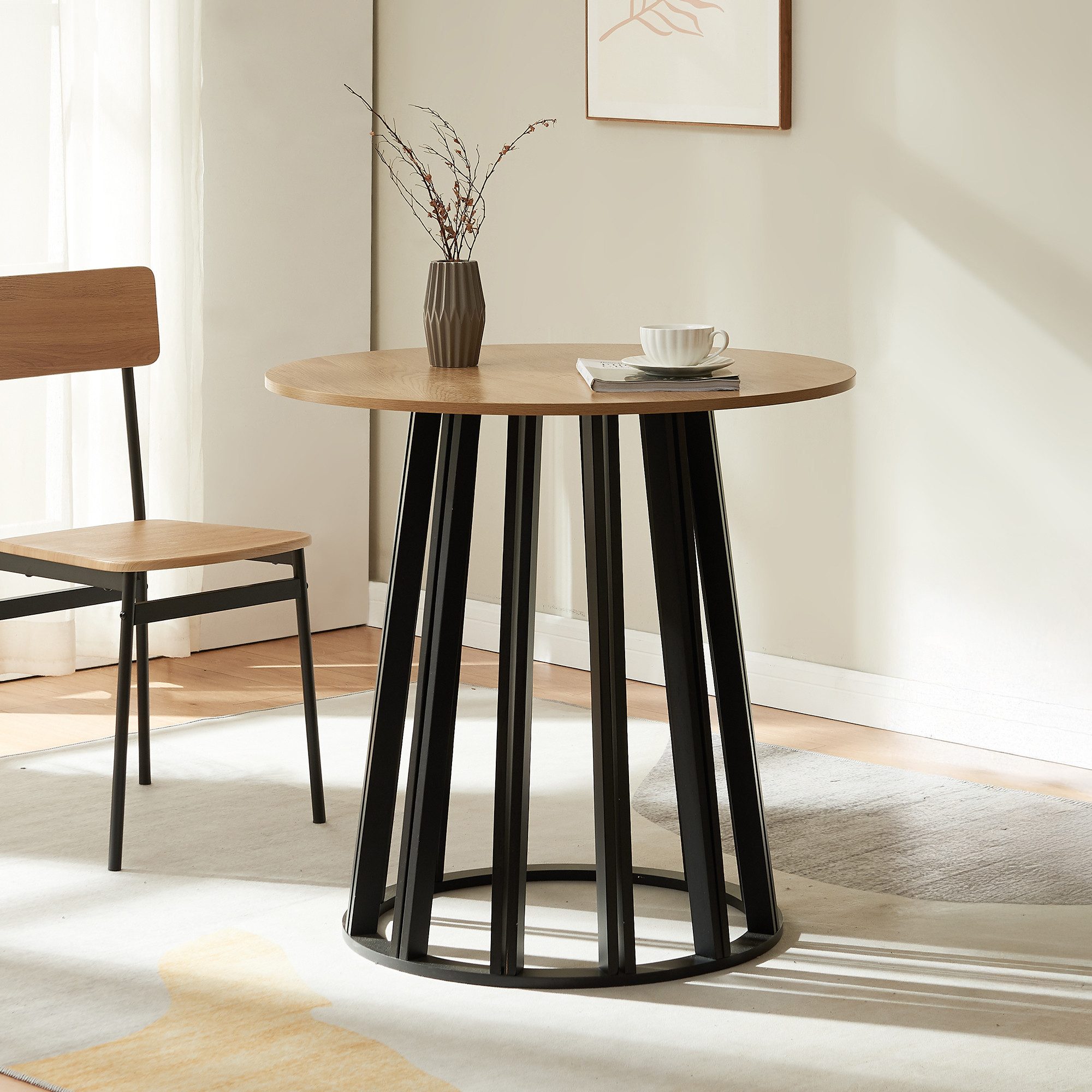 en.casa Esstisch, »Lensuu« 76 x Ø80 cm Metallgestell rund Schwarz/Eicheoptik