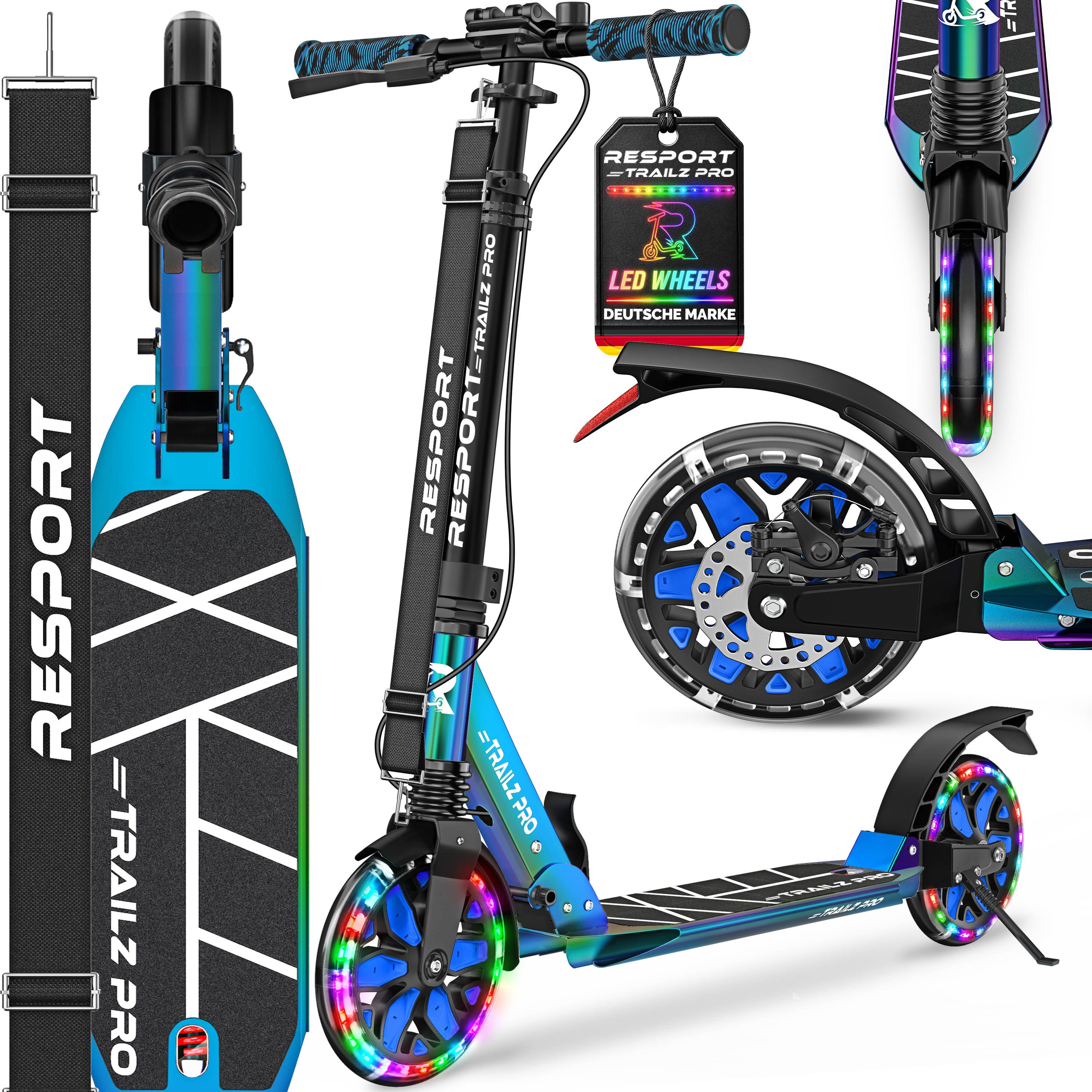 RE:SPORT Cityroller RE:SPORT® Trailz Pro Cityroller Scooter inkl. Tragegurt und Klingel, (Scooter höhenverstellbar & klappbar, Kickscooter Tretroller inkl. Handbremse & Doppelfederung), Cityroller für Kinder & Erwachsene mit LED, Klingel & Tragegurt