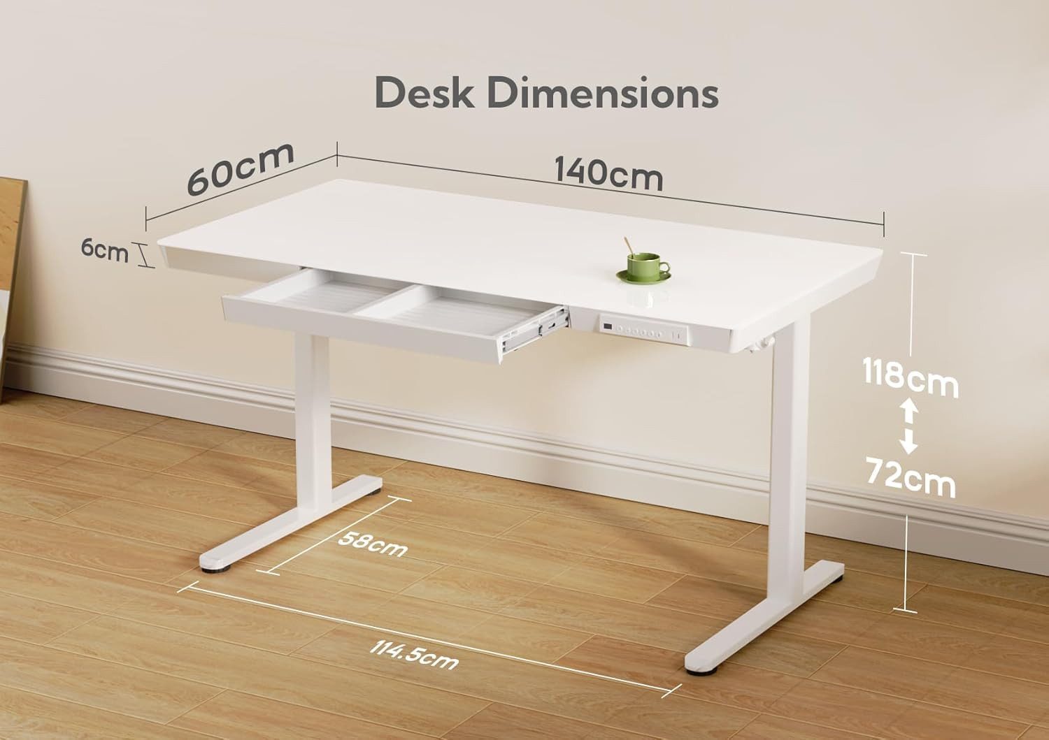 Claiks Schreibtisch Glas Höhenverstellbarer Schreibtisch, Steh-Sitz-Schreibtisch (1-St), mit robuster Glasplatte Leiser Motor, 140x60cm, Weiß