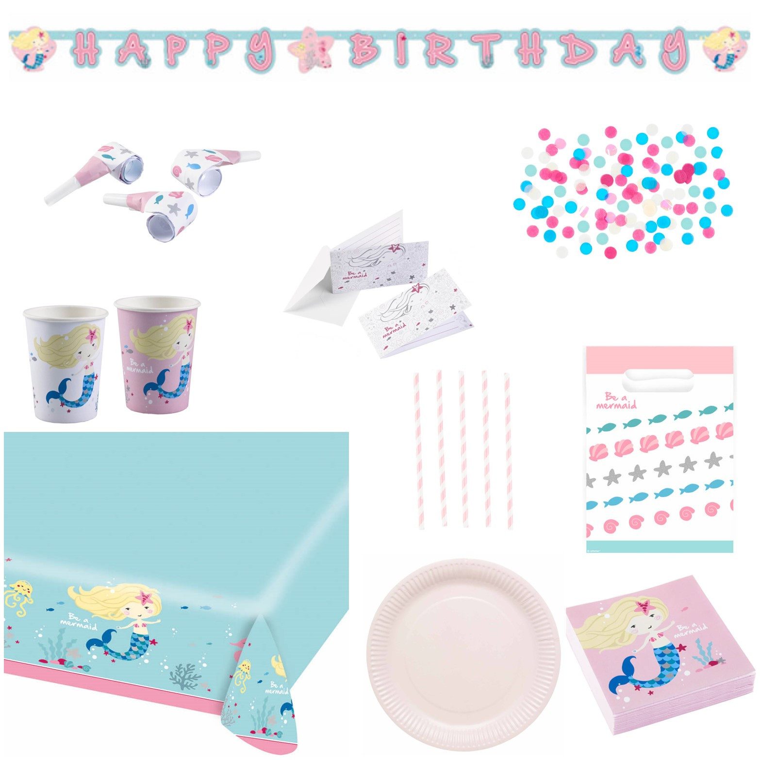 Riethmüller Papierdekoration Partydeko Set groß Meerjungfrau für 8 Kinder