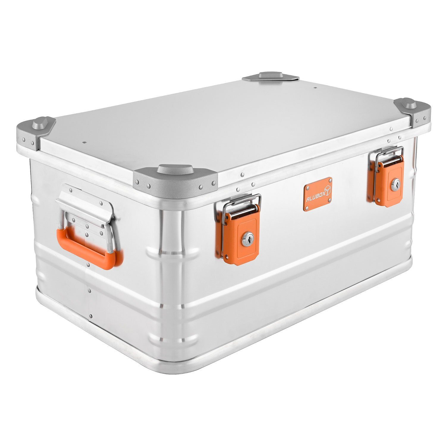 ALUBOX Aufbewahrungsbox mit Deckel und Stapelecken 1 mm Wandstärke (47 Liter), Fangbänder am Deckel - umlaufende Gummidichtung - Druckgussstapelecken
