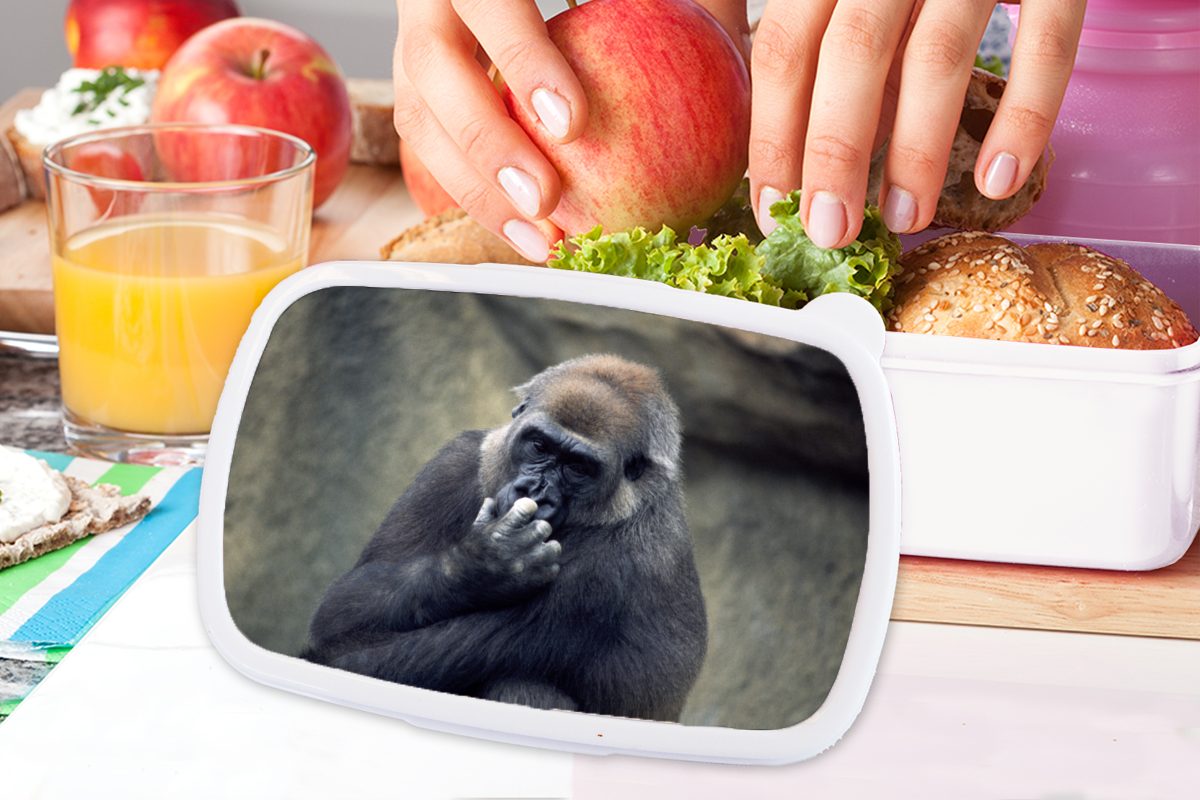 MuchoWow Lunchbox Niedlicher Gorilla kratzt der (2-tlg), weiß Erwachsene, Nase, Kunststoff, Brotdose, für sich Kinder und Mädchen Brotbox für Jungs und an