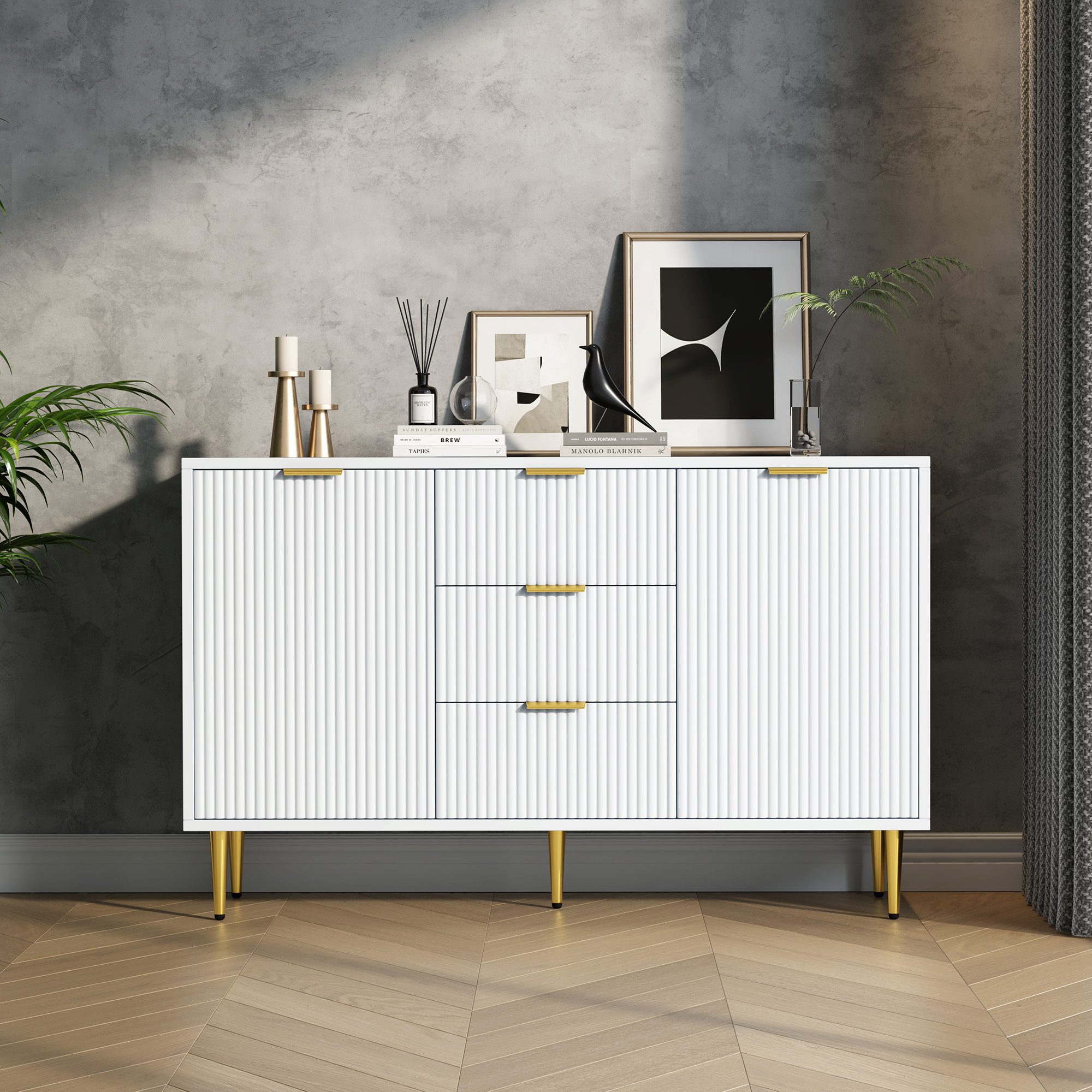 IDEASY Mehrzweckschrank Sideboard, Lagerschrank, Eckschrank, 2 Türen, 3 Schubladen, (vertikale Streifen auf der Frontplatte, 120*40*75 cm) geeignet für Küche, Schlafzimmer, Wohnzimmer und Esszimmer