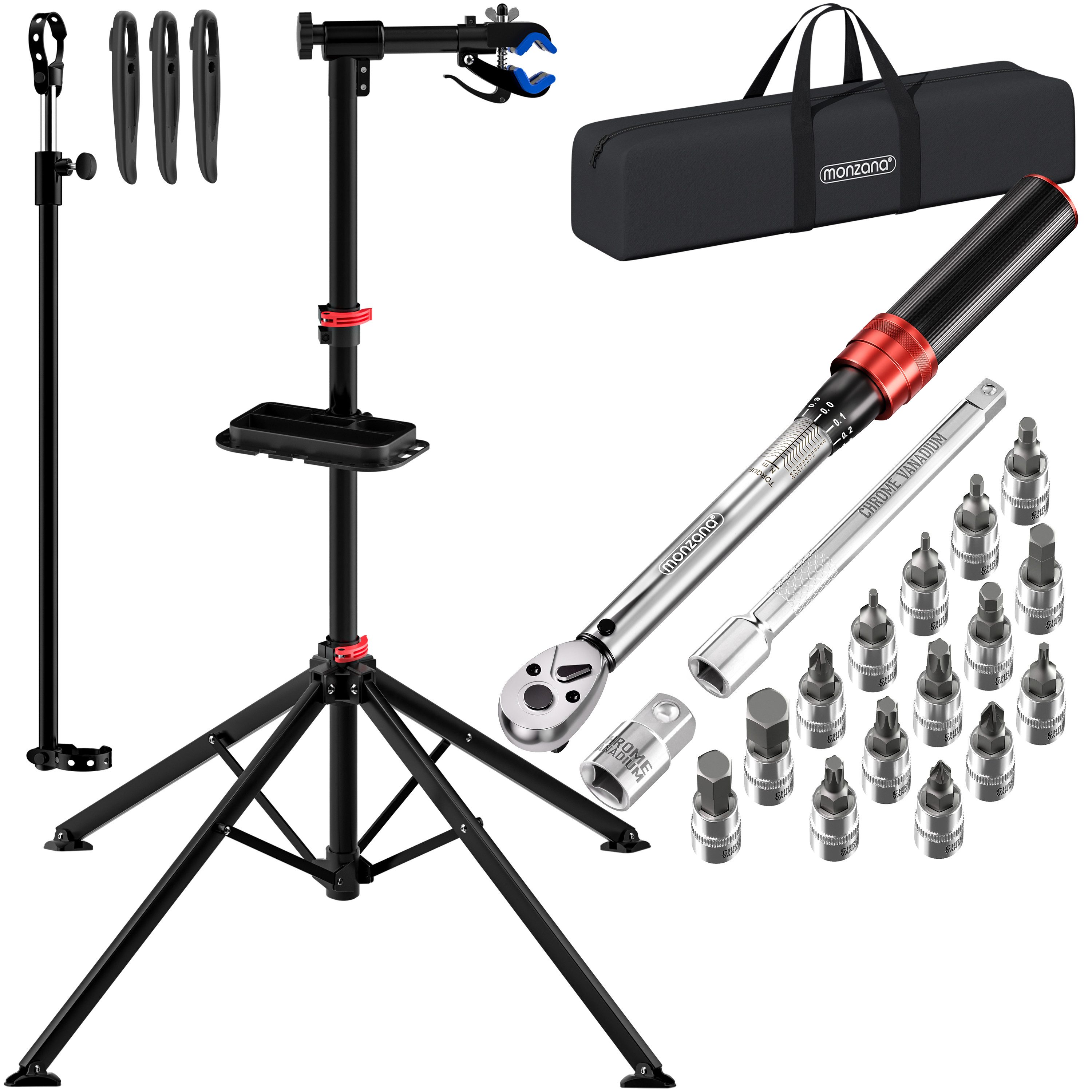 monzana Fahrrad-Montageständer, Drehmomentschlüssel 1/4 Zoll Set 1–25 Nm Bitset Tasche Transportbox