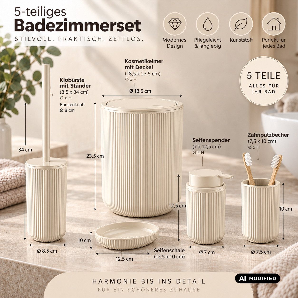 axentia Badaccessoire-Set Bad-Set Badezimmerset Badezimmer-Ausstattung, 5-teiliges Badset, Kosmetikeimer Seifenschale Seifenspender WC-Bürste Zahnputzbecher – Bild 4 von 5