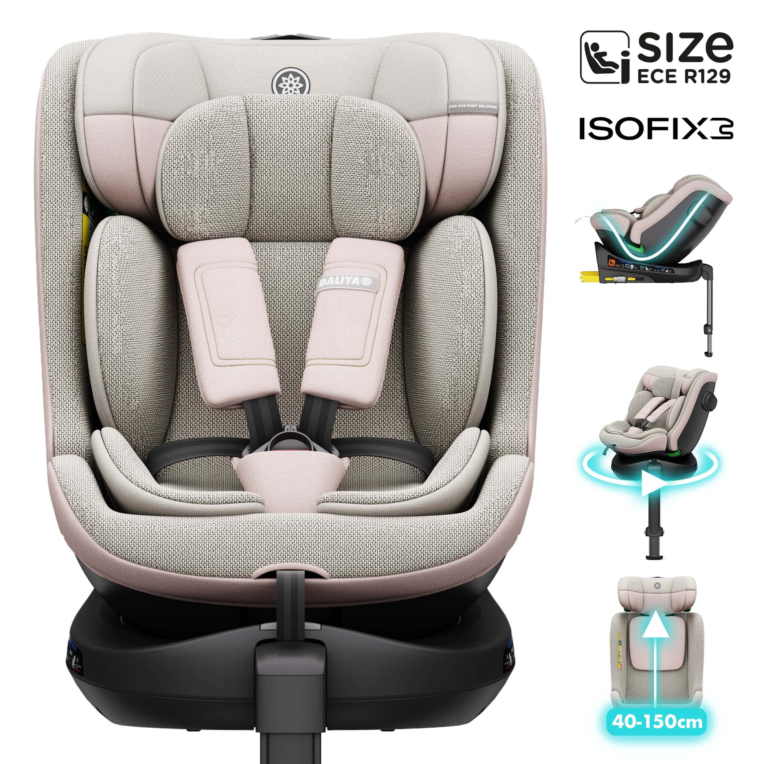 Daliya® Autokindersitz BRAVO i-Size Auto-Kindersitz, 360° drehbar, mitwachsend, atmungsaktiv, ab: ab Geburt, bis: bis 12 Jahre, ab: 40 cm, bis: 150 cm, (Neugeborenen-Set, 4-tlg), 8 Stufen Sitzneigung, verstellbare Kopfstütze, Stützbein, Belüftet