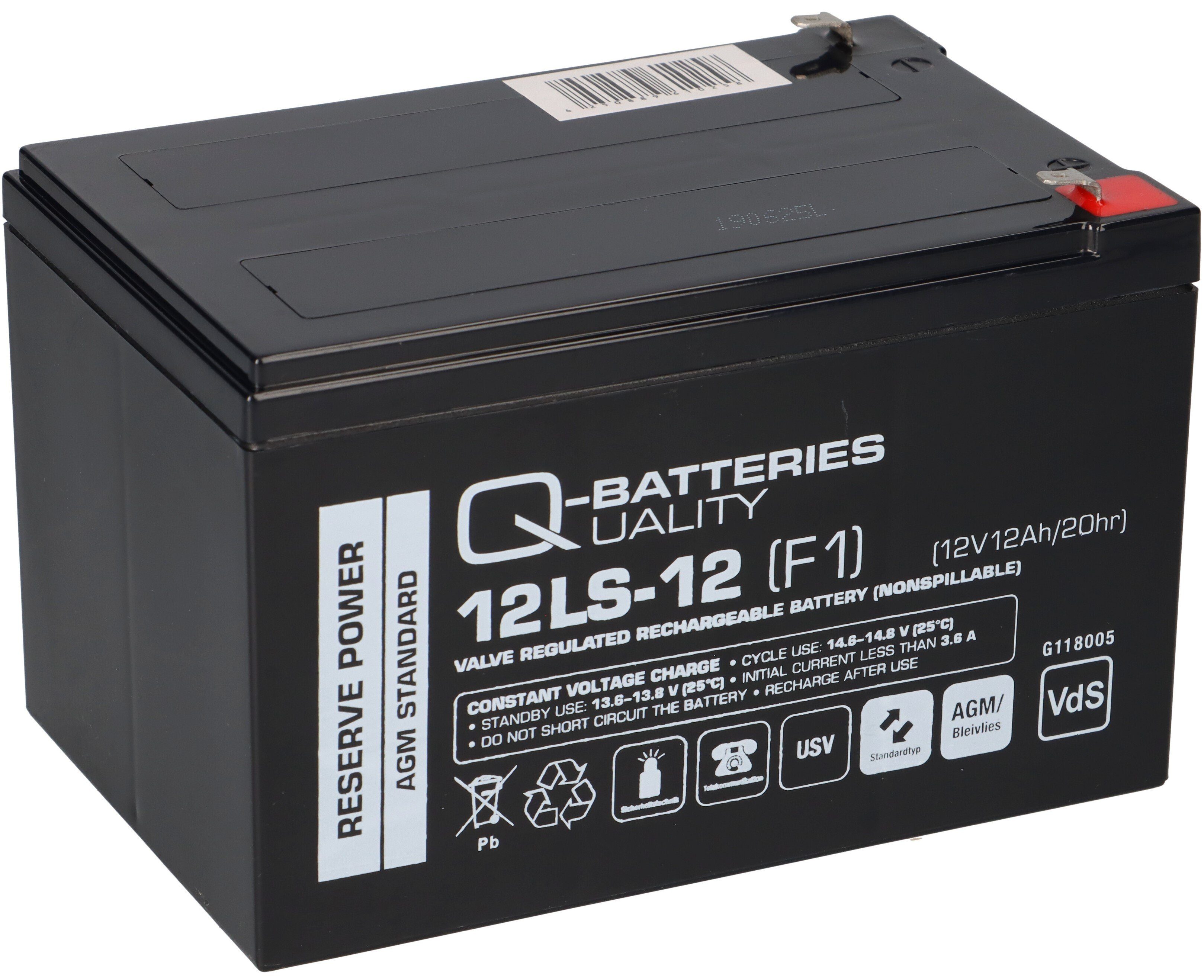 / Q-Batteries Q-Batteries Bleiakkus AGM 12Ah F1 VdS Blei-Vlies-Akku mit 12LS-12 VRLA 12V