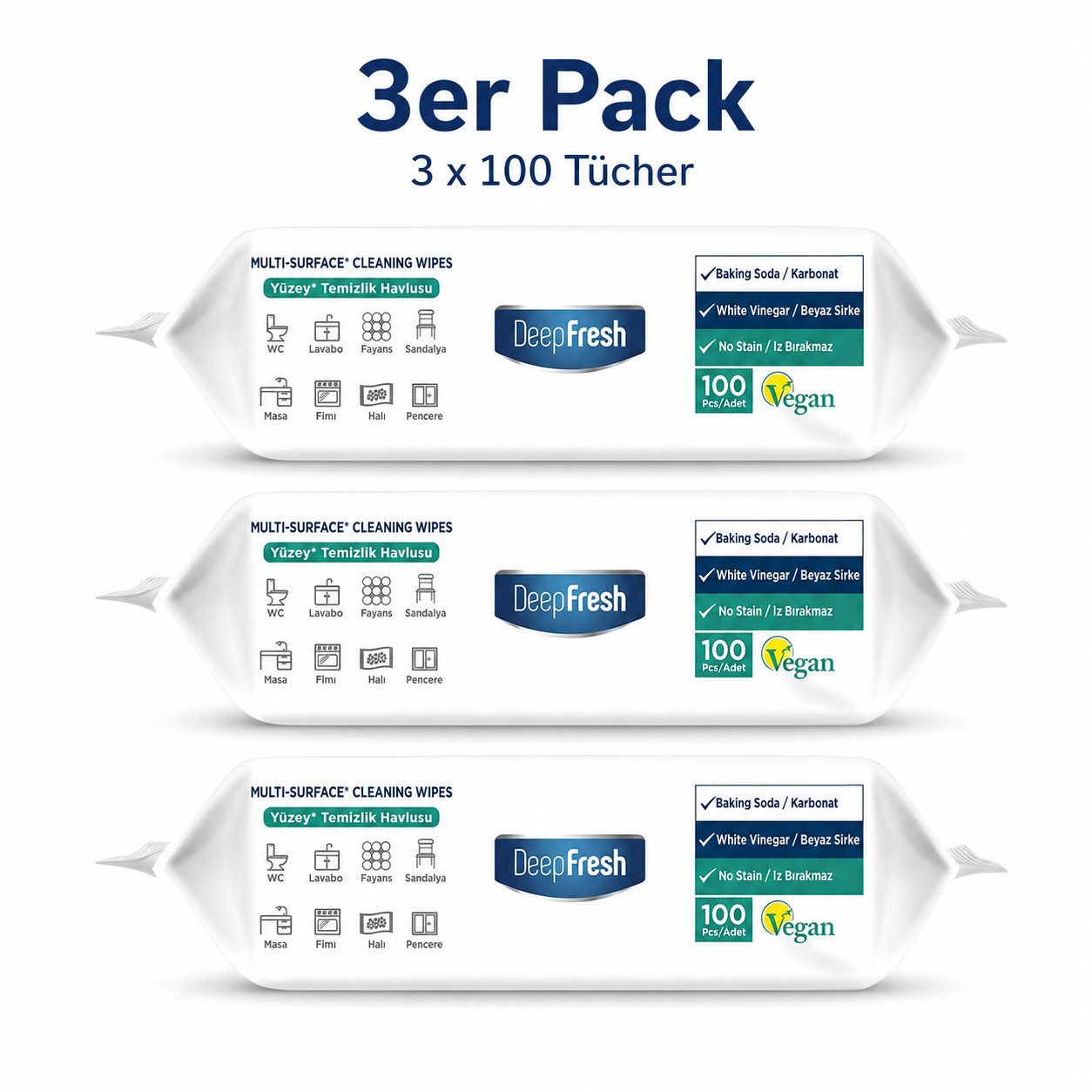 DeepFresh Allzweck-Reinigungstücher, Putztücher zum Putzen für Haushalt & Alltag Reinigungstücher (22x22 cm, 3er-Set, 3-tlg., 3 Packungen mit 300 Tüchern, White Soap Duft, extra breit & dick, OHNE BLEICHMITTEL, mit Natron & weißem Essig, ohne Nachspülen)