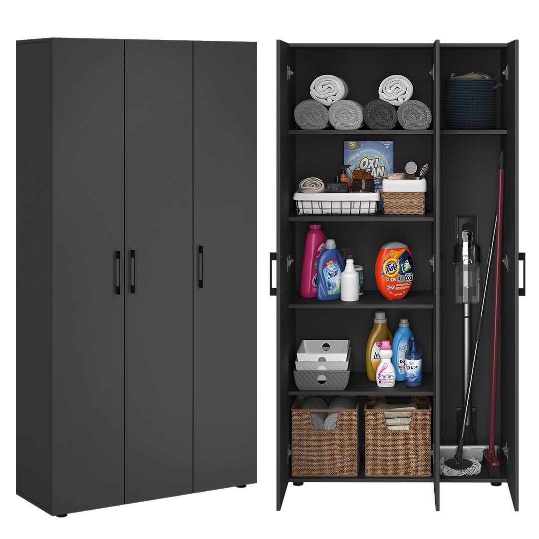 Bellamio Mehrzweckschrank Apol, Hochschrank aus Holz, Aufbewahrungsschrank (Schwarz) Akten- und Besenschrank mit 7 Fächern, inkl. Staubsaugerfach