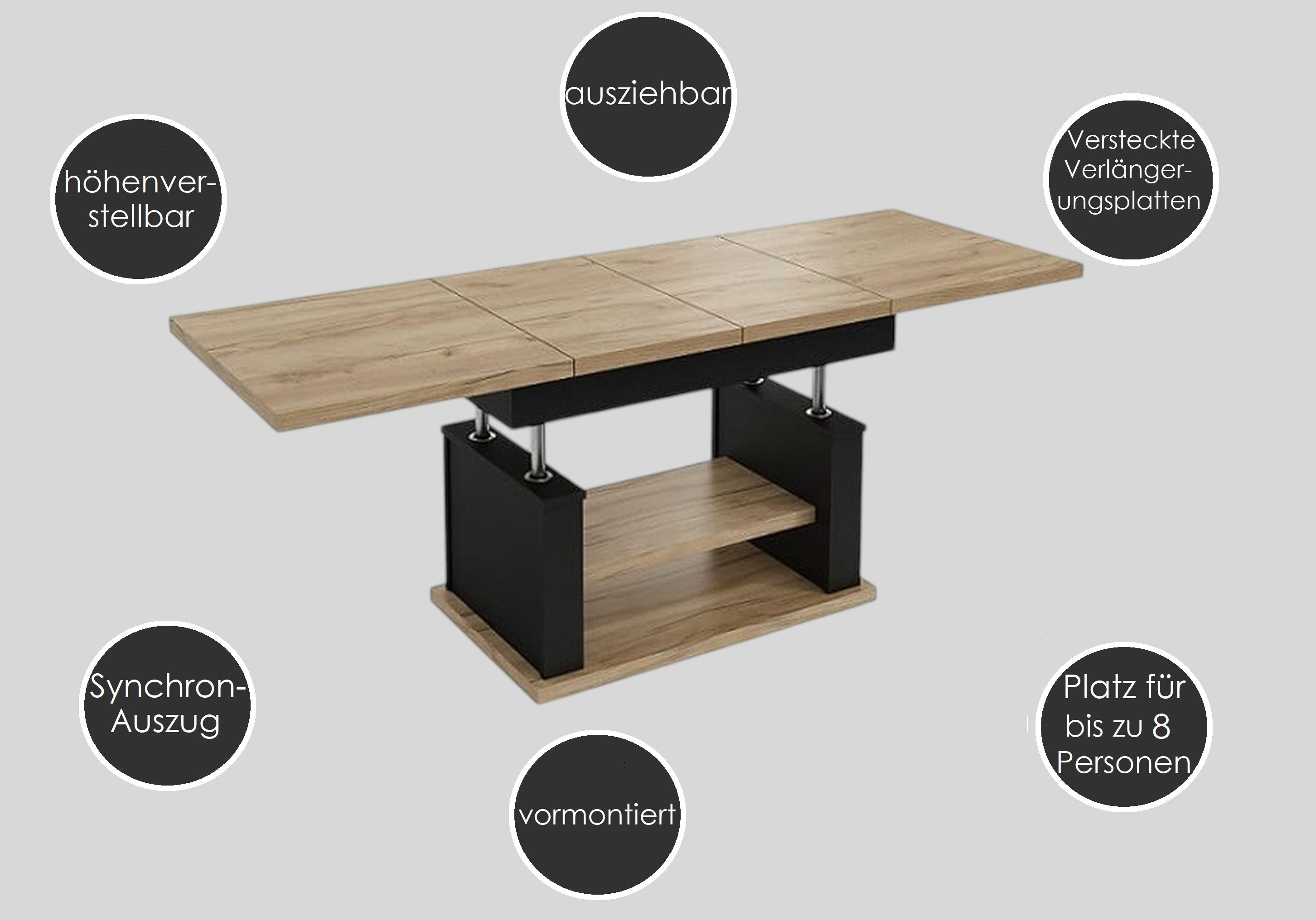 designimpex Couchtisch DA-666 höhenverstellbar ausziehbar 120/200 cm Esstisch Wohnzimmer, Funktionstisch, Wohnzimmertisch, Tisch, Esstisch, Sofatisch, Schublade – Bild 5 von 5
