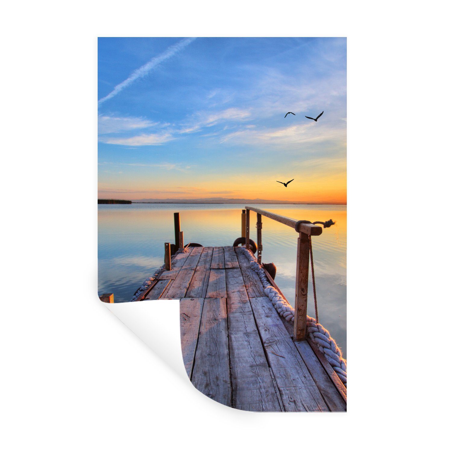 MuchoWow Wandsticker Wasser - Steg - Vögel - Sonnenuntergang - Horizont (1 St), Wandaufkleber, Selbstklebend, Wohnzimmer, 20x30 cm