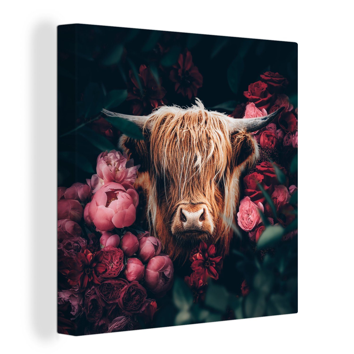 OneMillionCanvasses® Leinwandbild Kuh - Schottischer Highlander - Blumen - Botanisch, (1 St), Leinwand Bilder für Wohnzimmer Schlafzimmer bunt