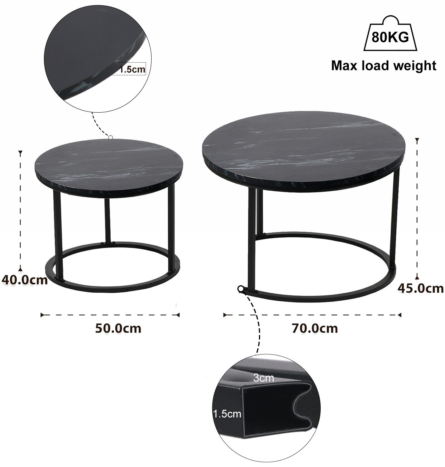 KAHOO Couchtisch Kaffeetisch, 2tlg. mit Marmormuster, 70x45cm+50x40cm, rund