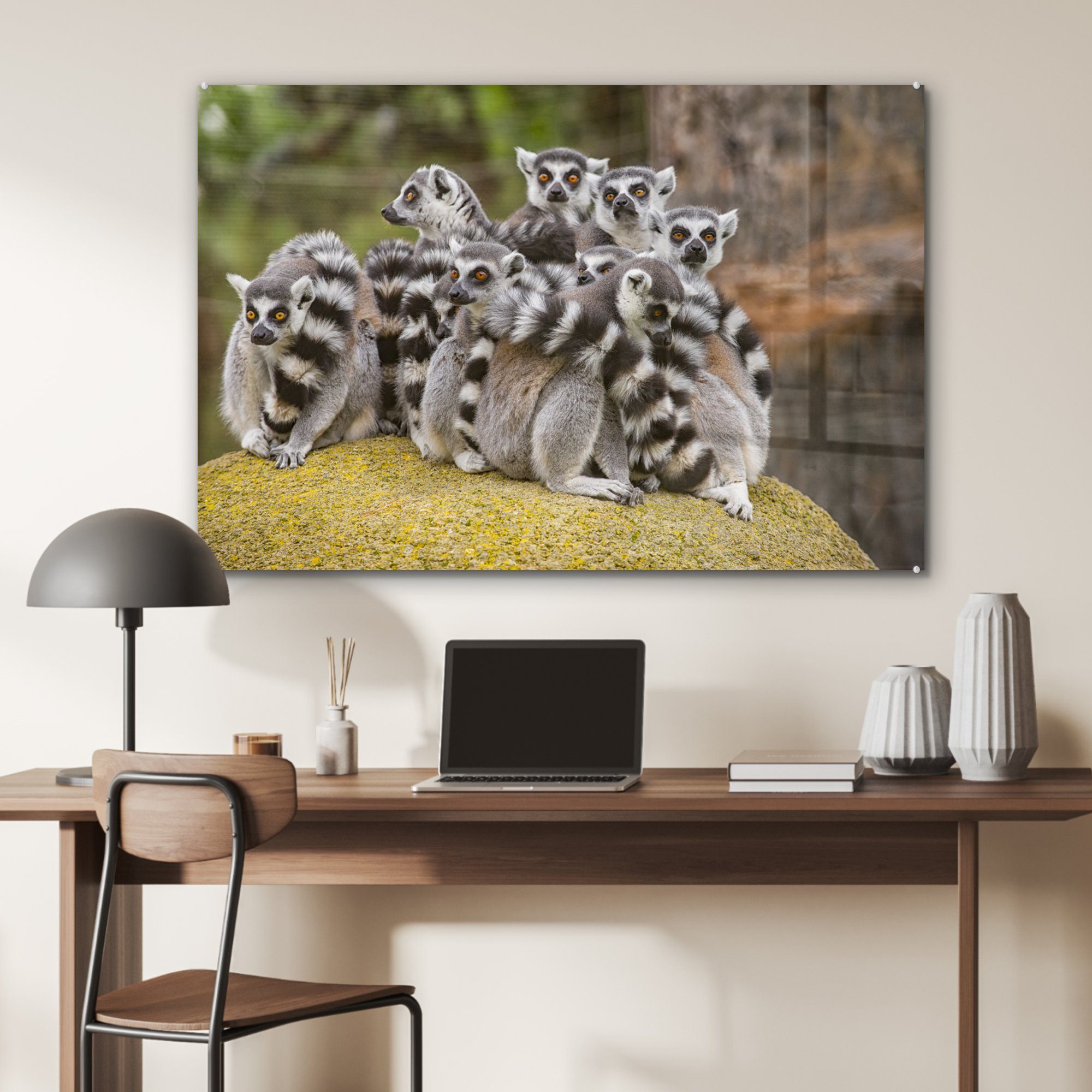 MuchoWow Acrylglasbild Acht Lemuren-Affen auf (1 Acrylglasbilder & Wohnzimmer einem St), Felsen, Schlafzimmer