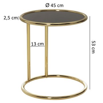 möbelando Beistelltisch Design Beistelltisch Ø 45 cm Couchtisch Rund Schwa, Design Beistelltisch Ø 45 cm Couchtisch Rund Schwarz/Matt Gold, Designer Glas-Wohnzimmertisch modern, Glastisch mit Metallgestell, Kleiner Sofatisch, Runder Metalltisch Wohnzimmer